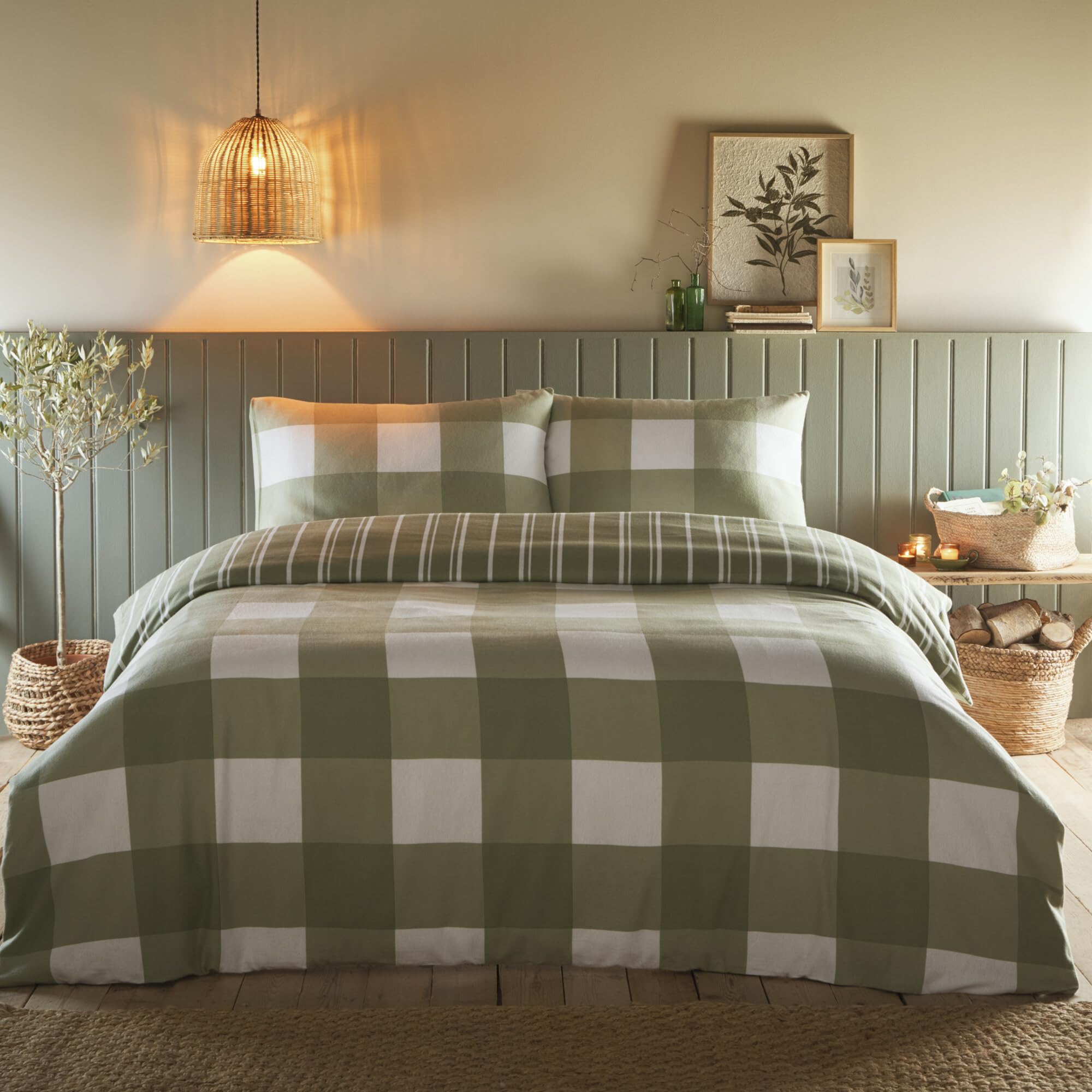 Portfolio Home Glenmore Check Sage Green Single 100% Brushed Cotton Striped Reversible Duvet Cover Quilt Bedding Set With Pillow Case