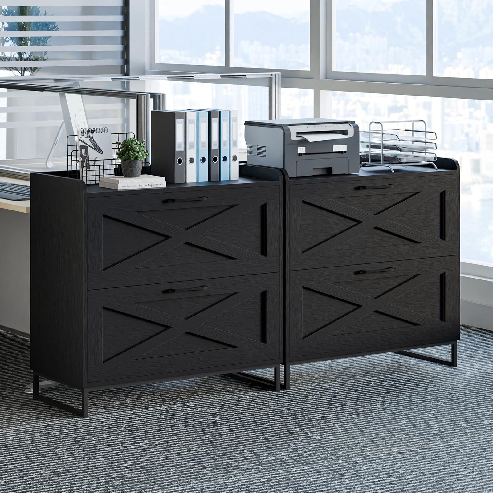 2 Drawer Locking Lateral File Cabinet With Charging Station, Rolling