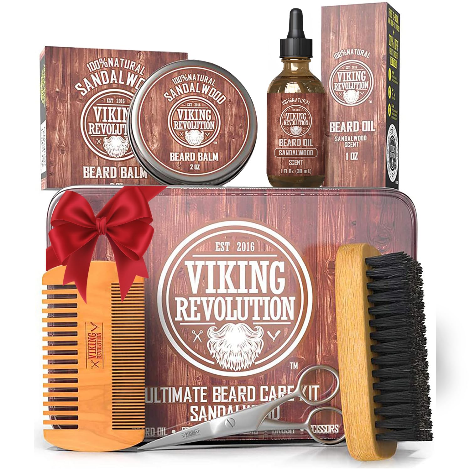 Viking Revolution - Kit Barbe Homme - Brosse en Poils de Sanglier, Peigne, Baume & Huile, Ciseaux pour Barbe & Moustache - Cadeau Homme - Bois de Santal