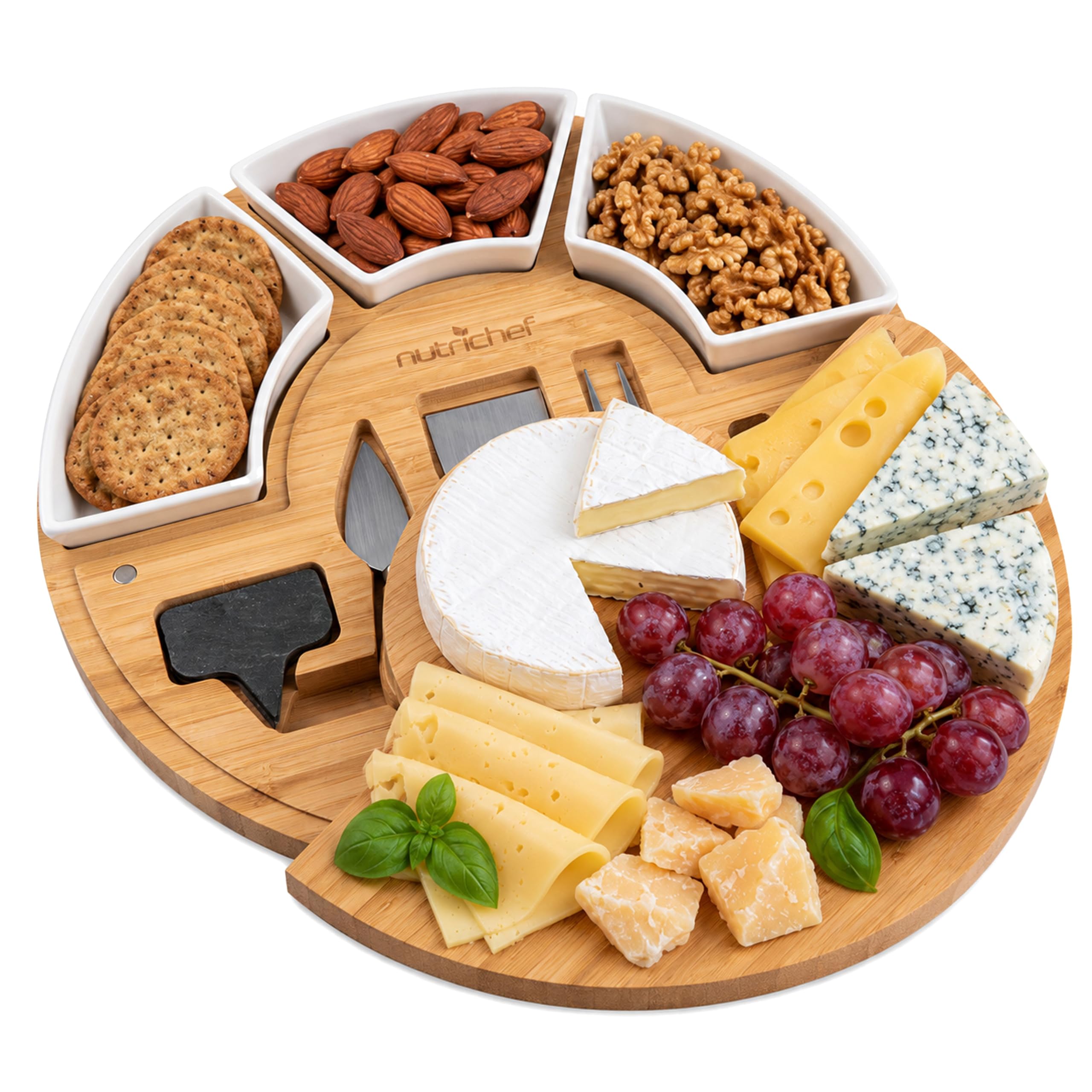 NutriChef Bambus Käsebrett Set - 33 cm Rund mit Schublade – Charcuterie Brett und Käseplatte mit Käsemesser Set, Servierbrett Geschenk für Hochzeit und Party