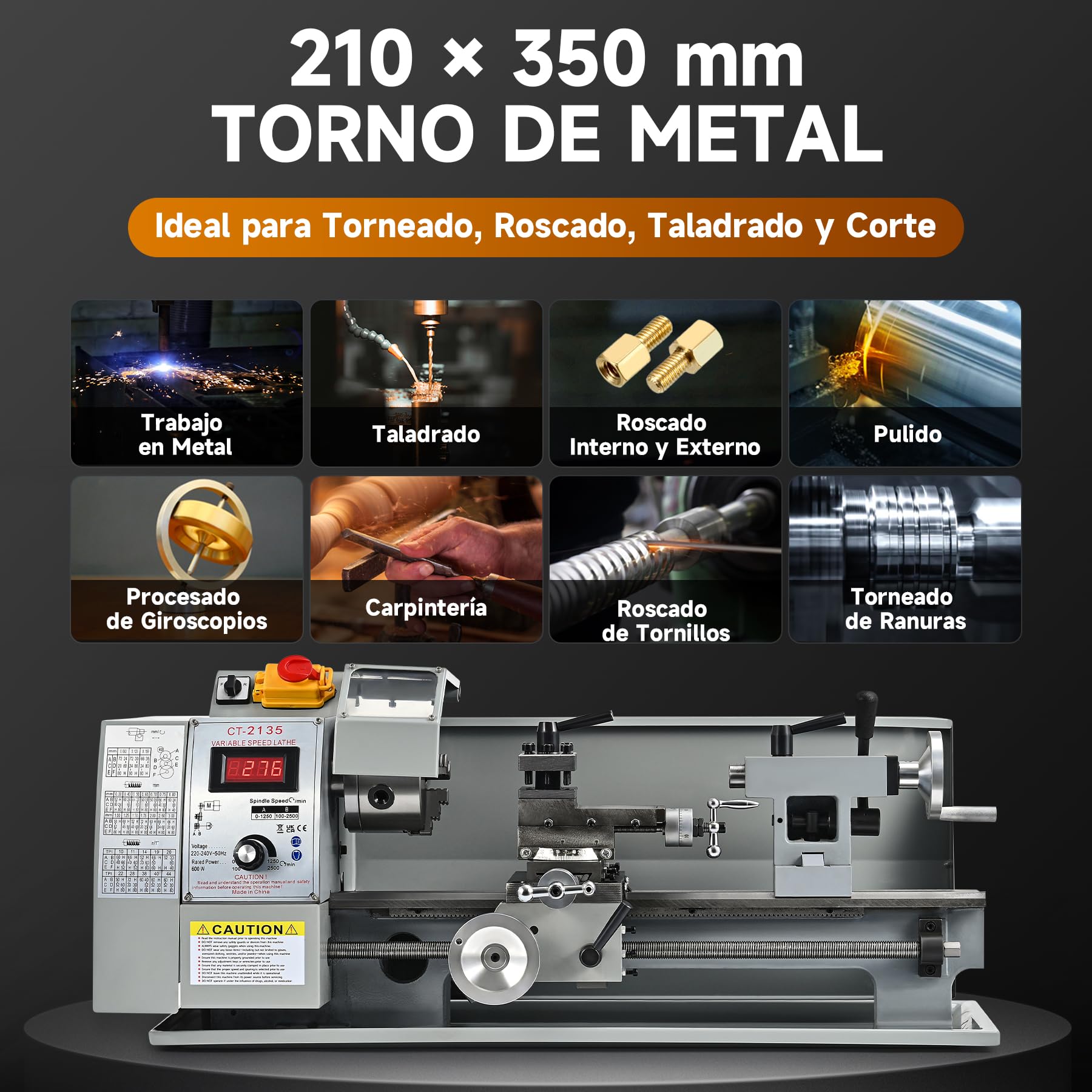 CREWORKS 600 W Mini Torno de Metal, 210x350 mm Torno para Metal de Sobremesa con Pantalla Digital, Máquina de Torno de Metal con Máx. Velocidad 2250 RPM, Torno para Metal para Roscar, Tornear