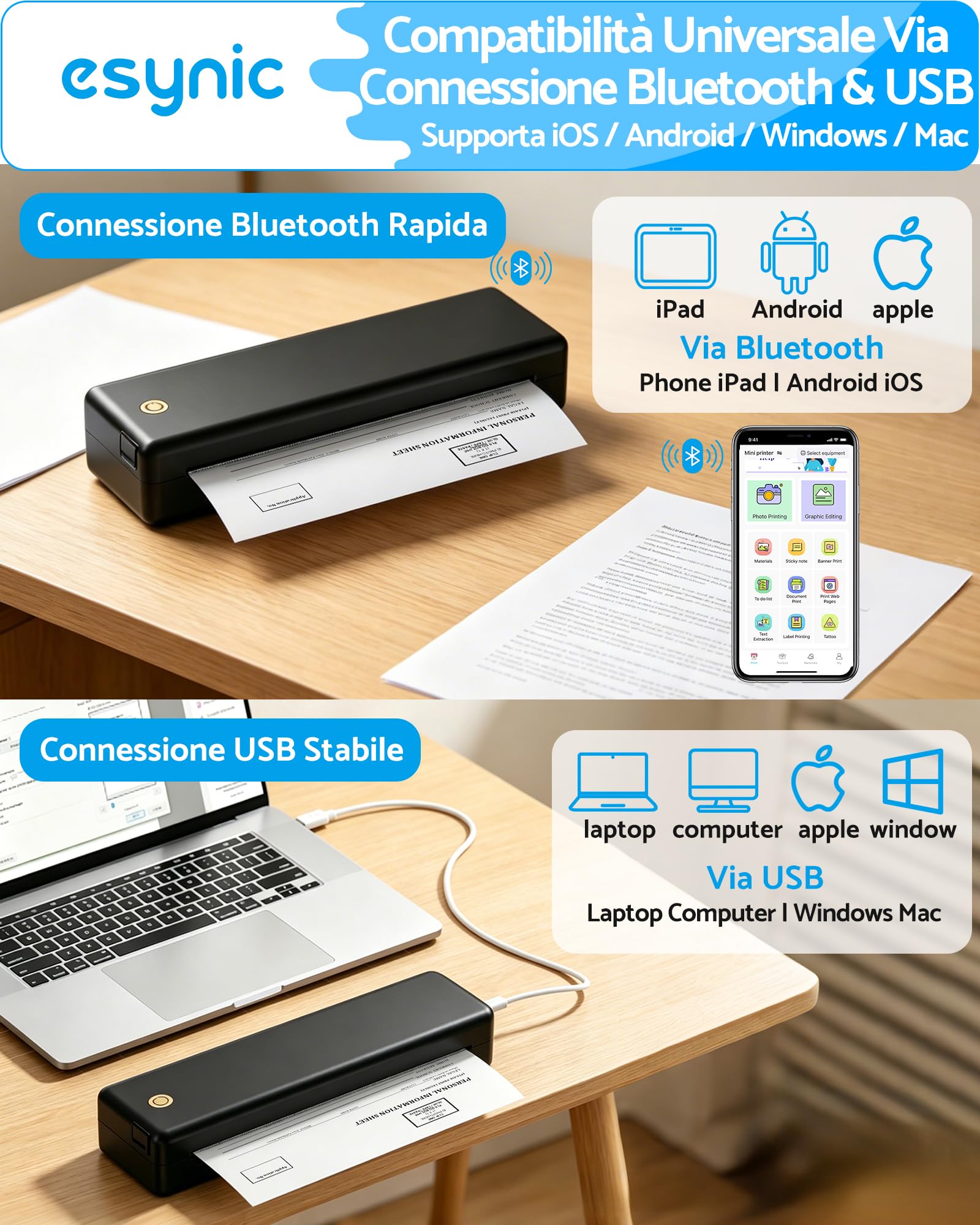 eSynic Stampante Termica Portatile A4 Senza Inchiostro, Supporta Multi Format, Stampante Wireless Bluetooth + USB, Compatibile con iOS Android Windows Mac, Ideale per Ufficio, Studio e Viaggio - Nero