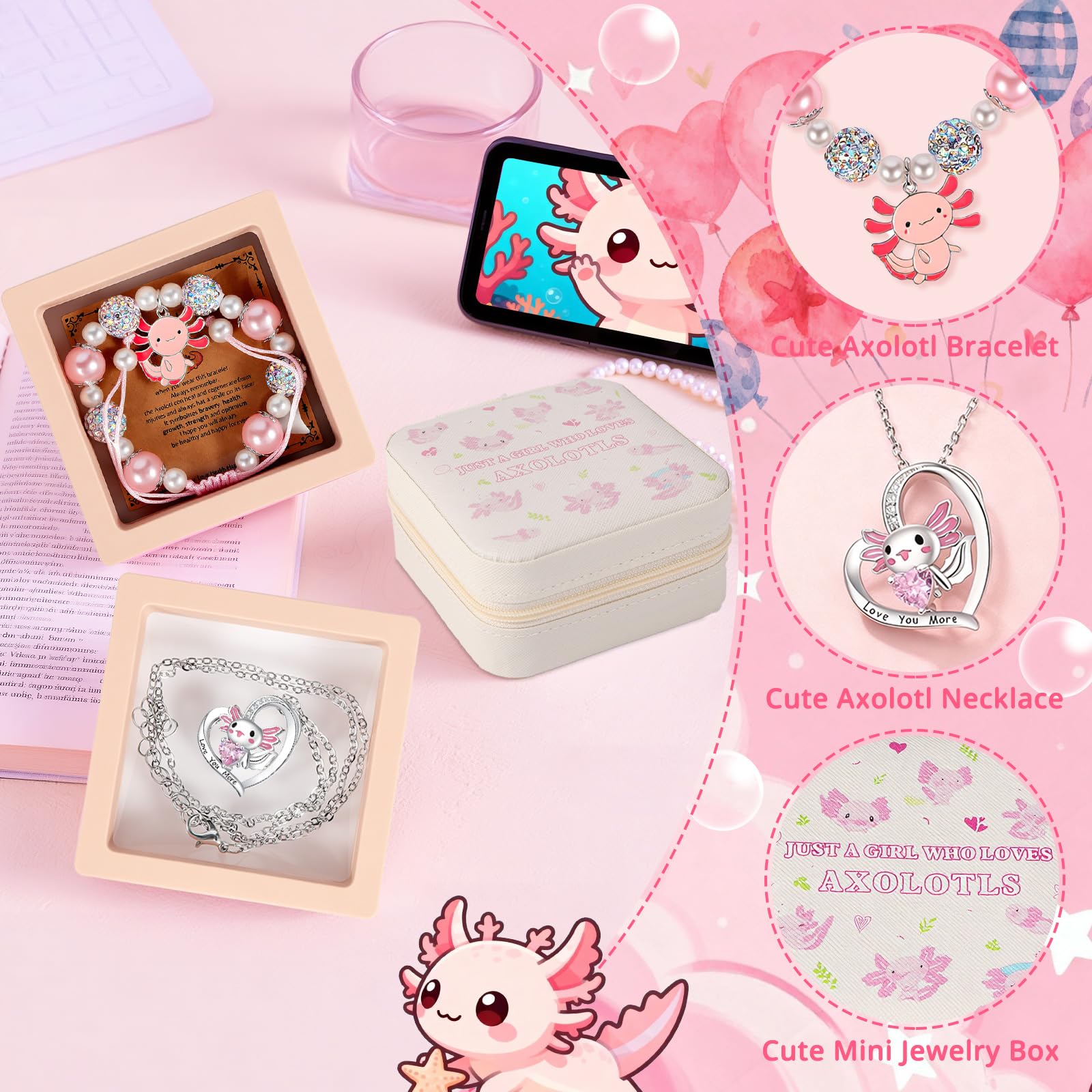 Axolotl Gift Set for Girls，Cute Axolotl Themed Gift Box with Fluffy Diary with lock and keys, Stickers, Pen and More Axolotl Accessories, Christmas Birthday Gifts for Girls - 3