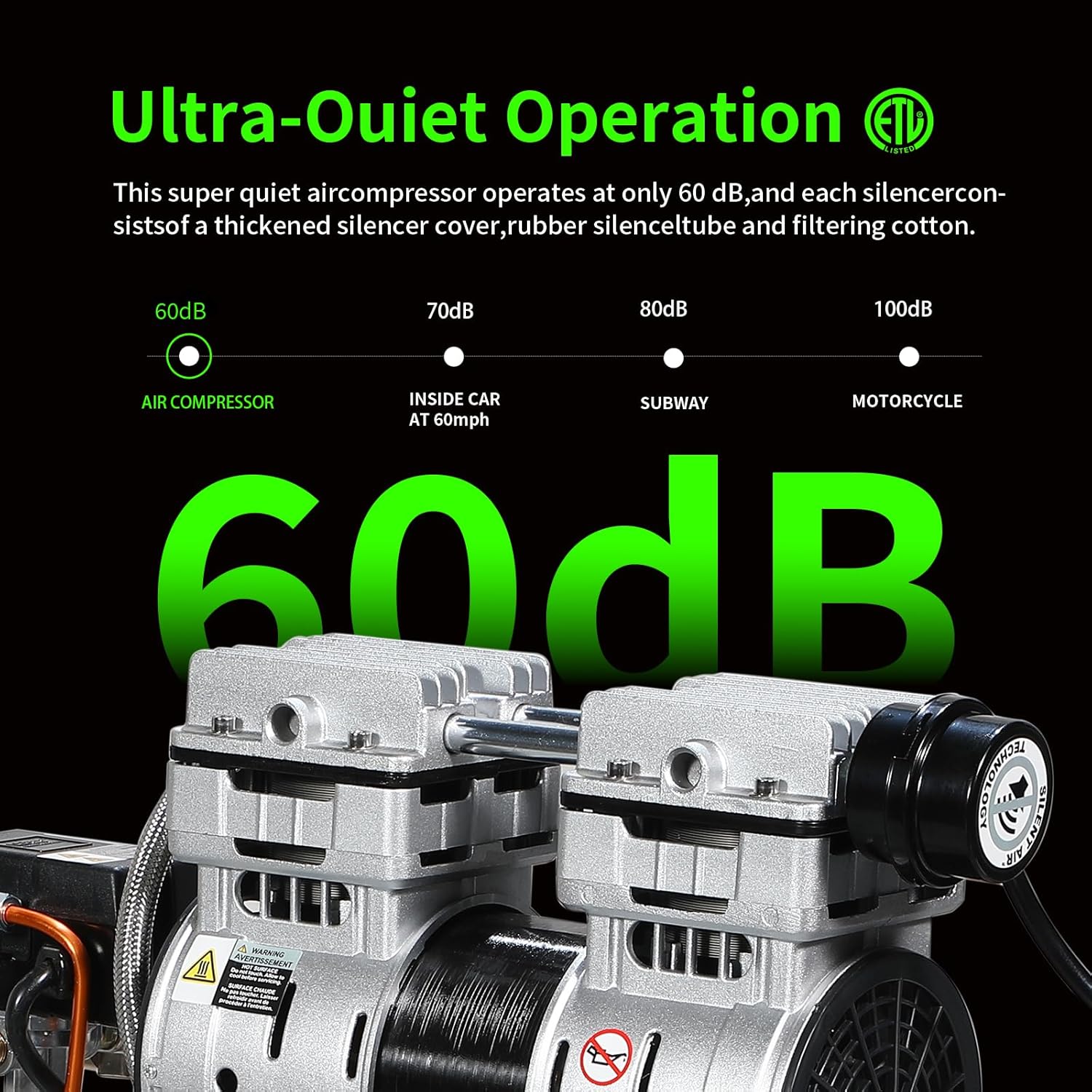 8 Gallon Portable Air Compressor 1HP 2.5 CFM@90PSI 60dB Ultra Quiet Oil Free Air Compressor Ideal for Tire Inflation Pneumatic Tool Spray Painting