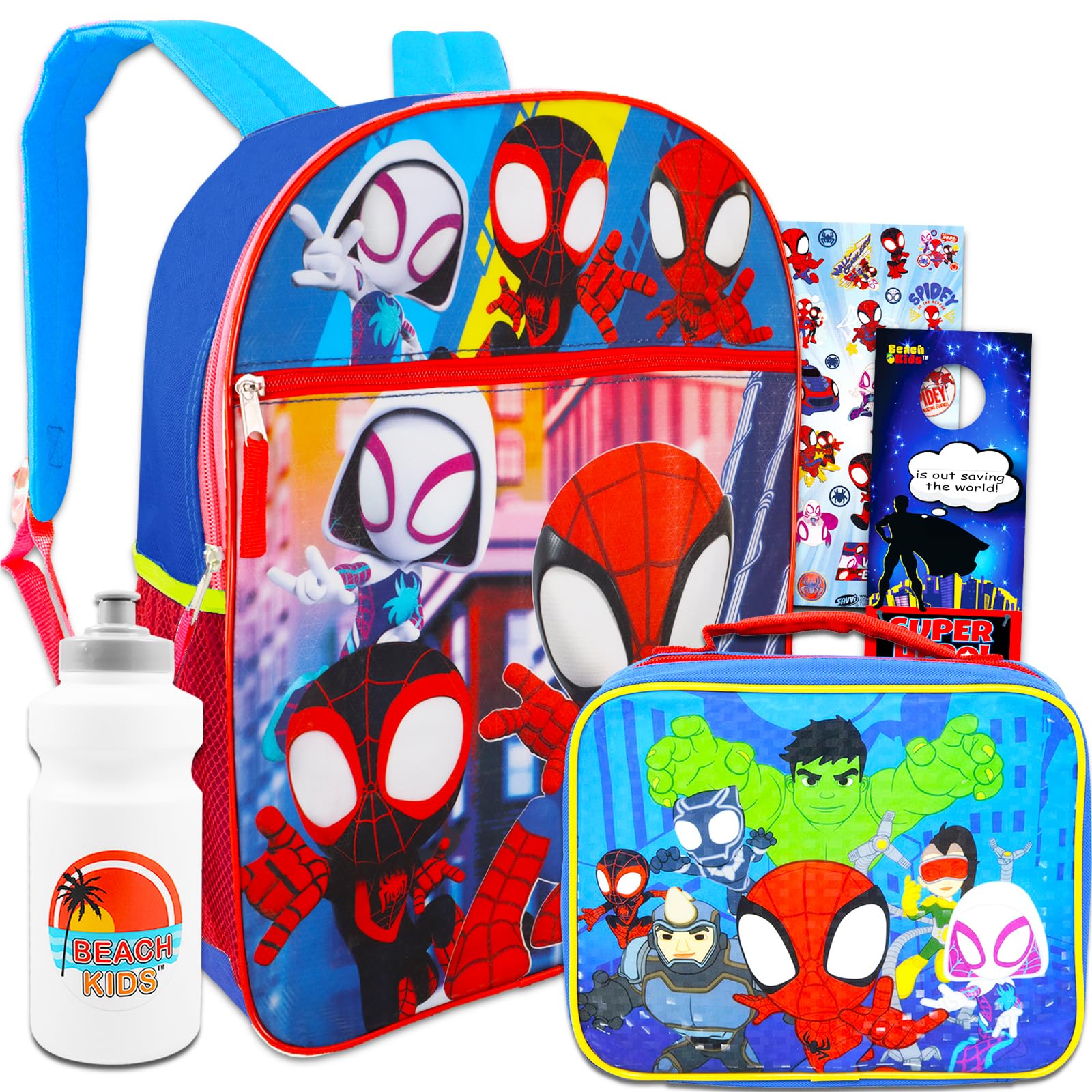 Spiderman Backpack with Lunch Bag - 16' Spiderman Backpack, Spidey Lunch Box, Water Bottle, Stickers
