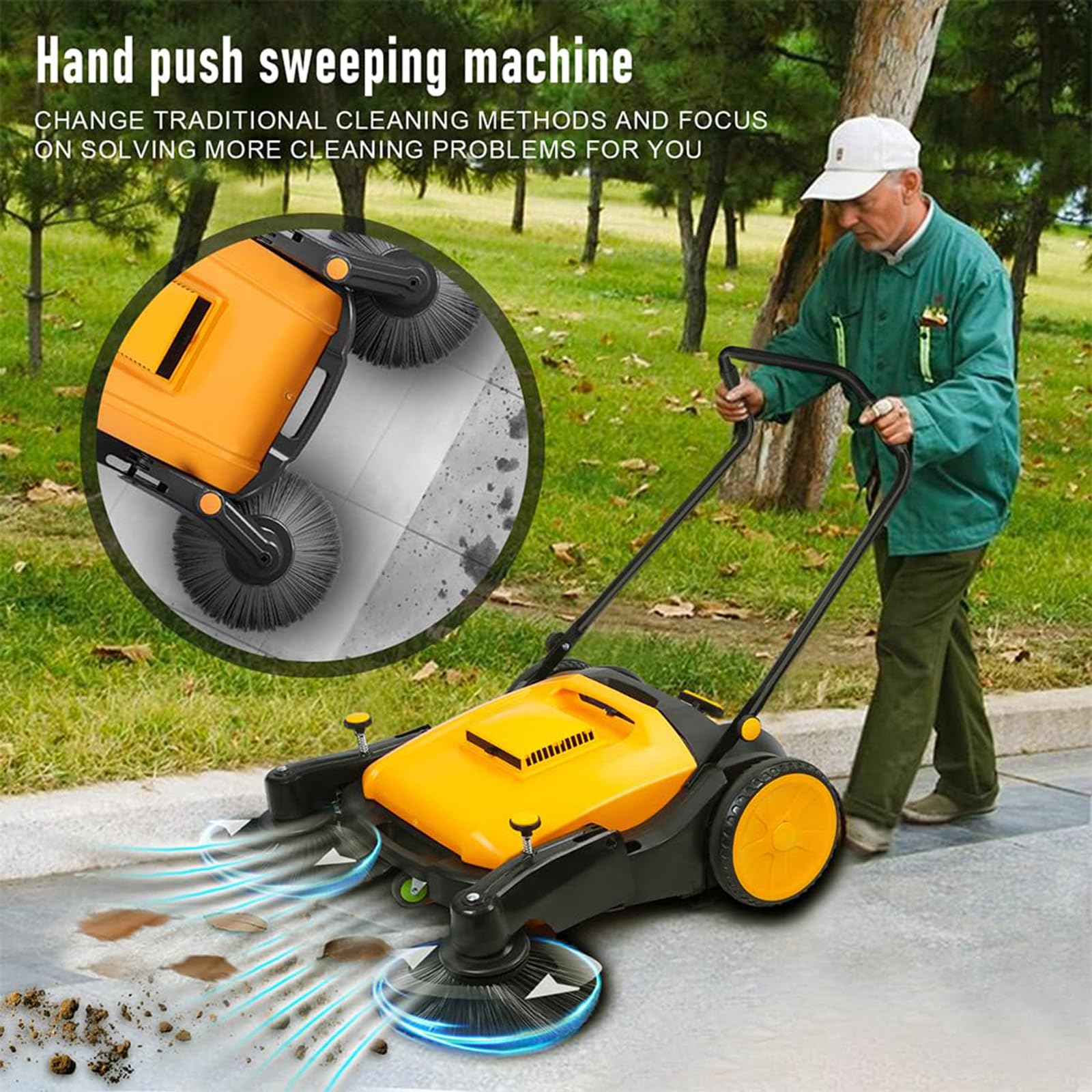 Spazzatrice manuale per pavimenti, design senza motore, contenitore per rifiuti da 12 galloni, copre 38.000 mq all'ora, senza rumore, manico pieghevole per una facile conservazione