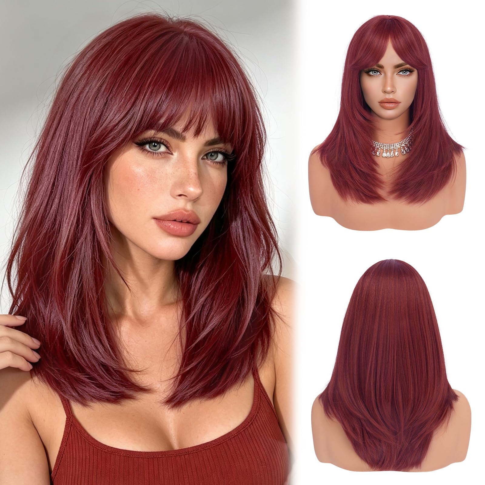 SOFEIYAN Long Straight Layered Wig Dark Red Burgundy Wigs with Bangs 16 Inch Natural Looking Soft Heat Resistant Synthetic Medium Length Hair Wigs for Women Dai