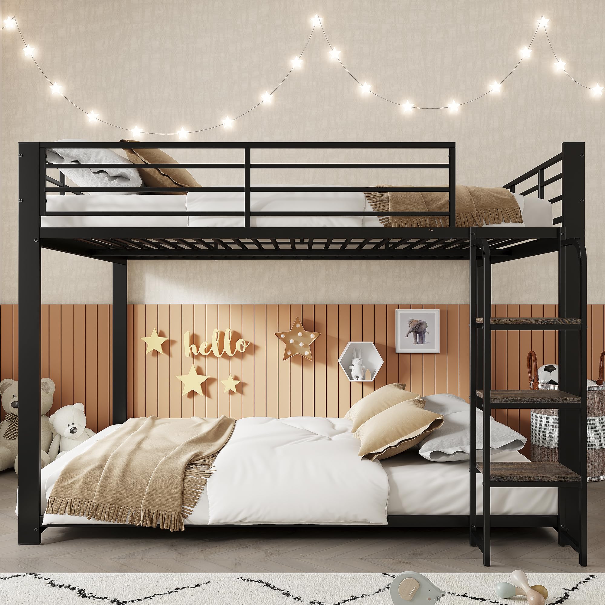 Letto a castello, 140 x 200 cm, con scaffale in legno, letto in metallo con protezione anticaduta, per bambini e ragazzi, letto familiare, letto da gioco, senza materasso, colore: nero, 140 x