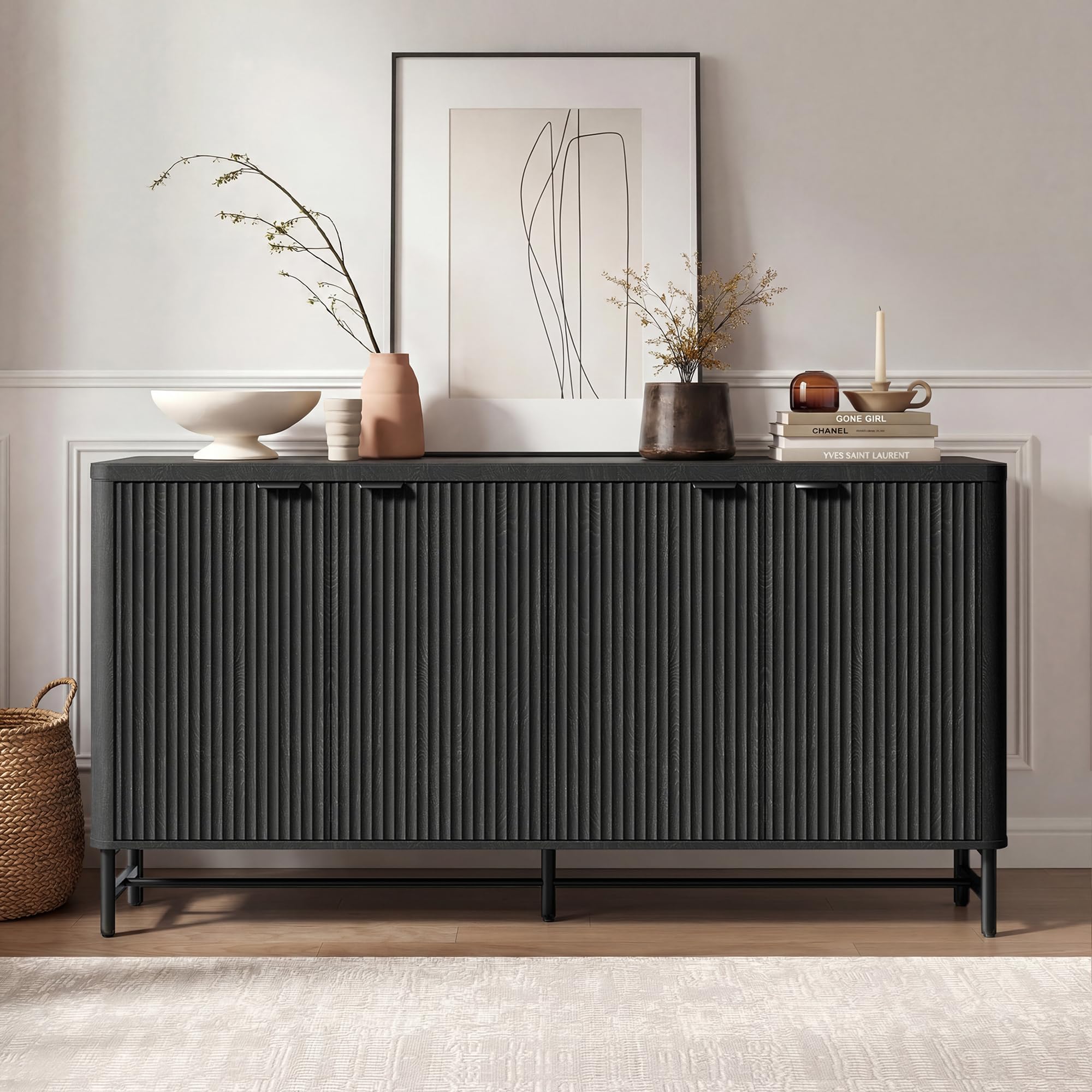 65" Buffet Cabinet with Storage, Fluted Credenza Sideboard with 4 Doors & Adjustable Shelves, Large Coffee Bar Console Table for Dining Room, Living Room, Entryway, Black Grey