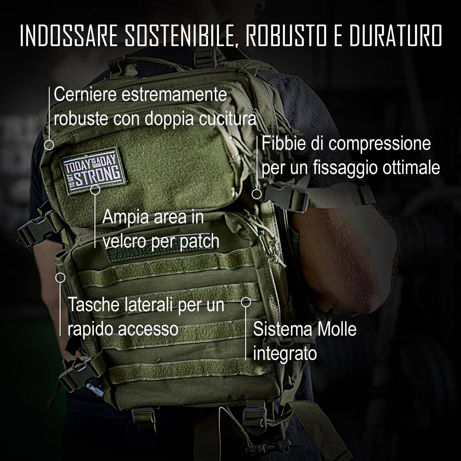 Strength Shop Zaino Militare con sistema Molle integrato, 45L, zaino crossfit con schienale imbottito & tasconetto per borracce, zaino tattico militare per attività outdoor.
