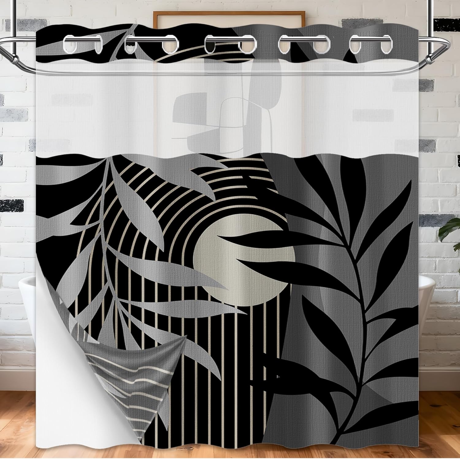 Boho Black and Grey Hookless Shower Curtain with Snap in Liner, Mid Century Modern Gray No Hook Double Layer Shower Curtain Set, Ringless with Window Waterproof Cloth Fabric, 71" W x 74" L