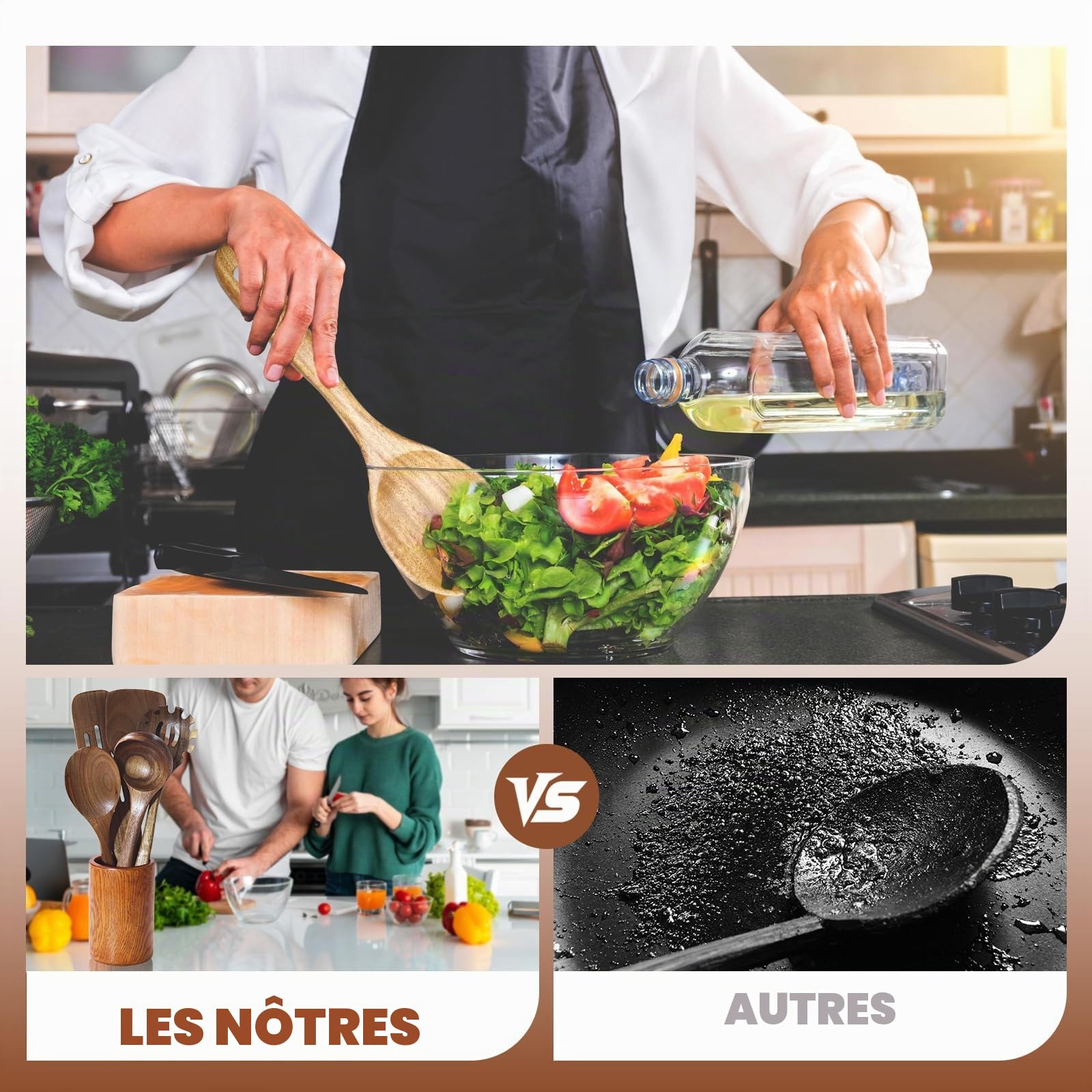 13 Pièces Ustensiles de Cuisine en Bois Ustensiles en Bois de Teck Cuillères et Spatule pour la Cuisine avec support,repose-cuillère et crochets