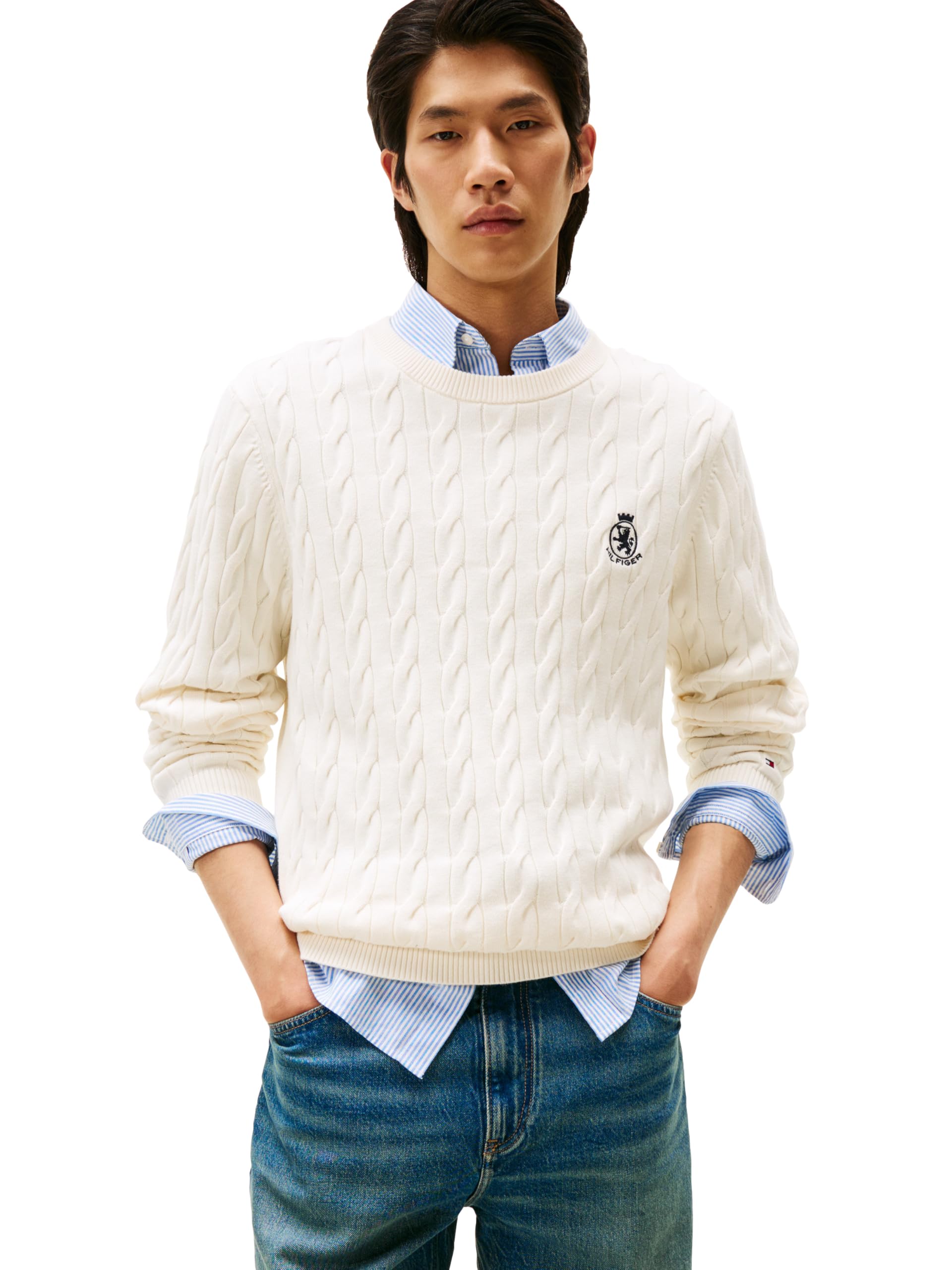 Tommy Hilfiger Men's Ivory Petal Crest Cable Knit Crewneck Sweater Lightweight Pullover, Medium
