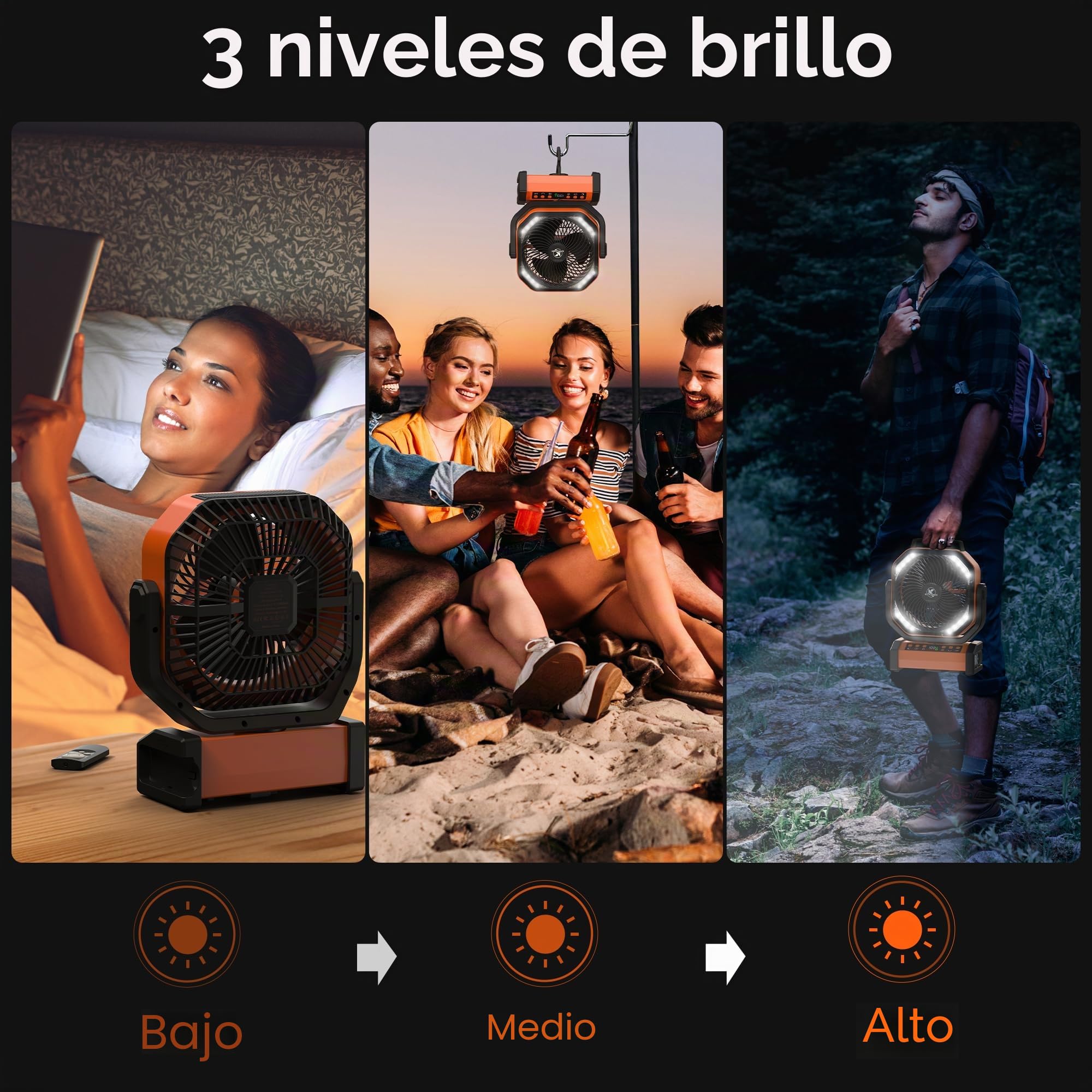 KITWLEMEN Ventilador de camping con luz, 20000 mAh, 112 horas de autonomía máx. 9 velocidades, temporizador, oscilación automática, rotación de 270° y gancho de camping, corte de corriente, huracán