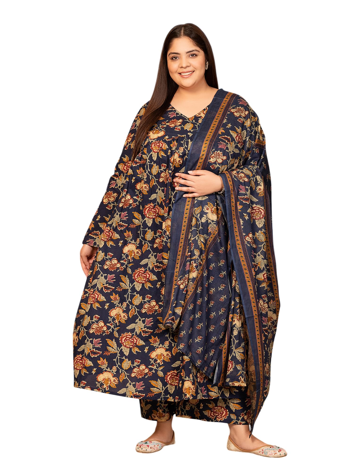 MEERA FABWomen's Cotton Blend V-Neck Plus Size Anarkali Printed Kurta with Palazzo & Dupatta