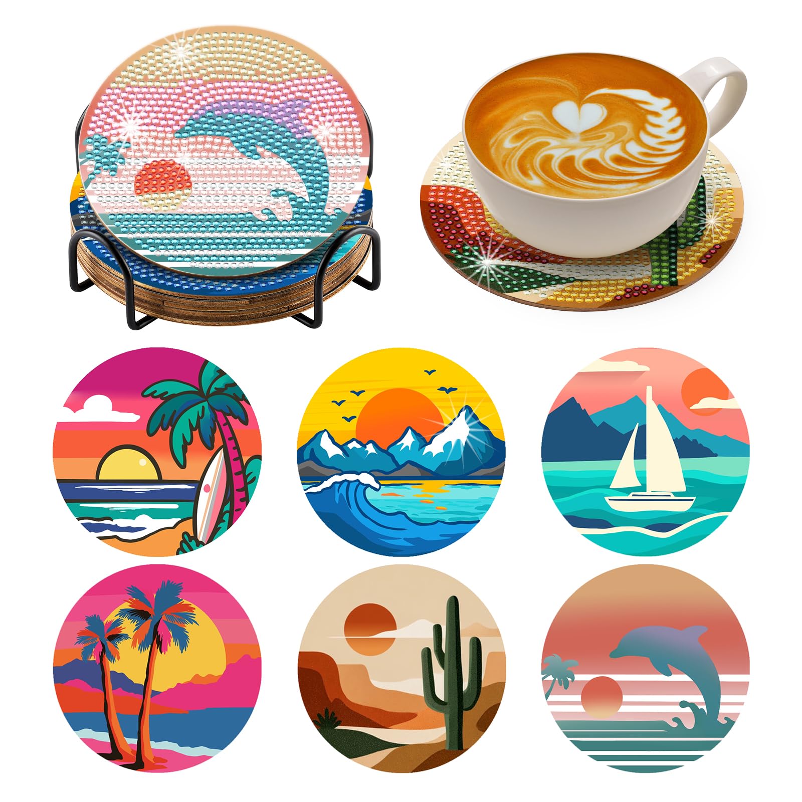 BNG Beach Sunset Diamond Paintings Coasters Kits Set with Holder, 6Pcs Beach Landscape Art DIY Crafts Coasters for Adults, Women, Beginners, Diamond Craft Supplies for Home Table Decor & Gifts