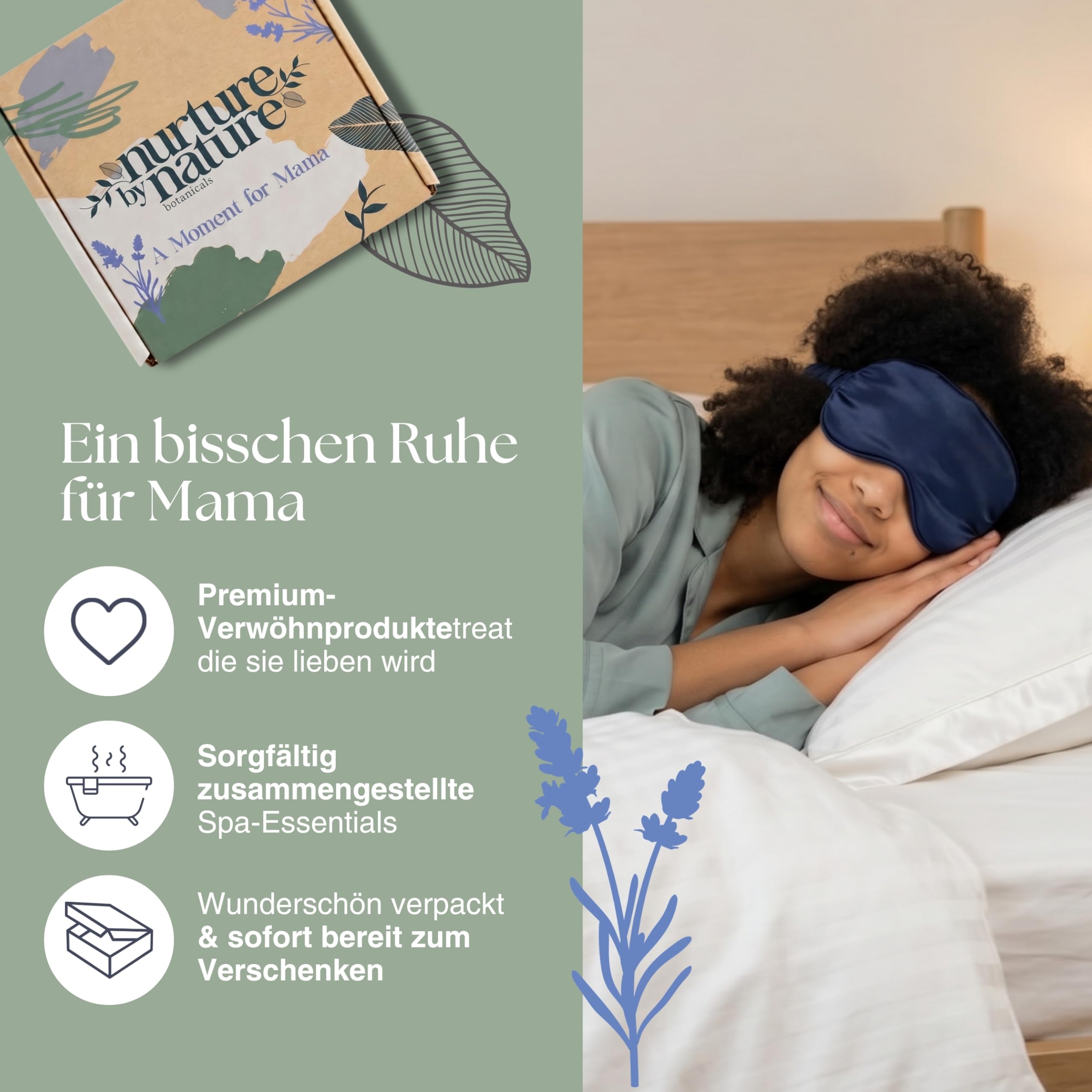 Nurture by Nature Wellness Geschenkset für Frauen – 6-teiliges Bade und Beauty Set mit Körperbutter, Duschöl, Kopfkissenspray, Badesalz & Schlafmaske – Ideal für Weihnachten, Muttertag & Geburtstage