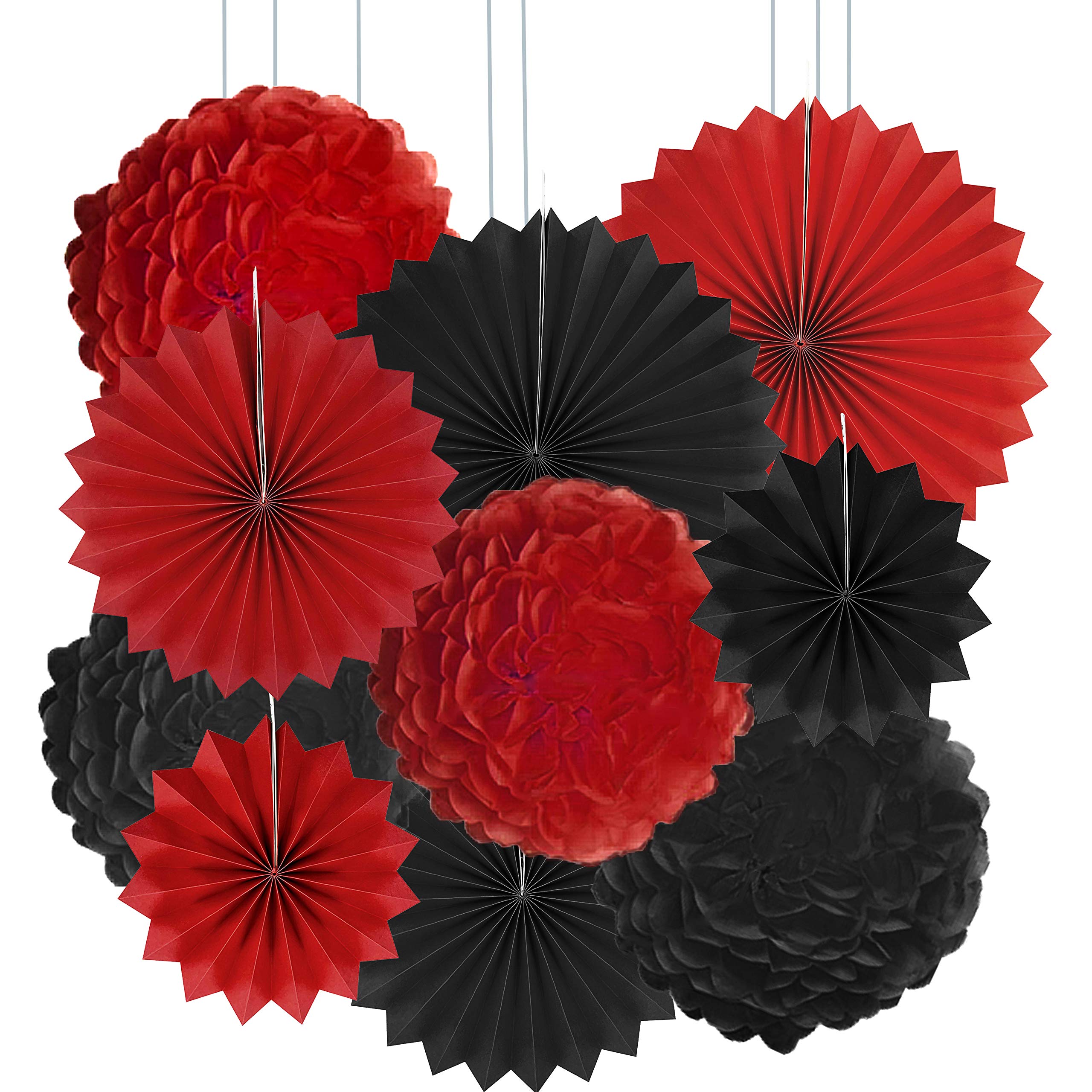 Black Red Casino Party Hanging Decorations - Viva Las Vegas Game Night Graduation Birthday Wedding Anniversary New Years Carnival Party Paper Fan