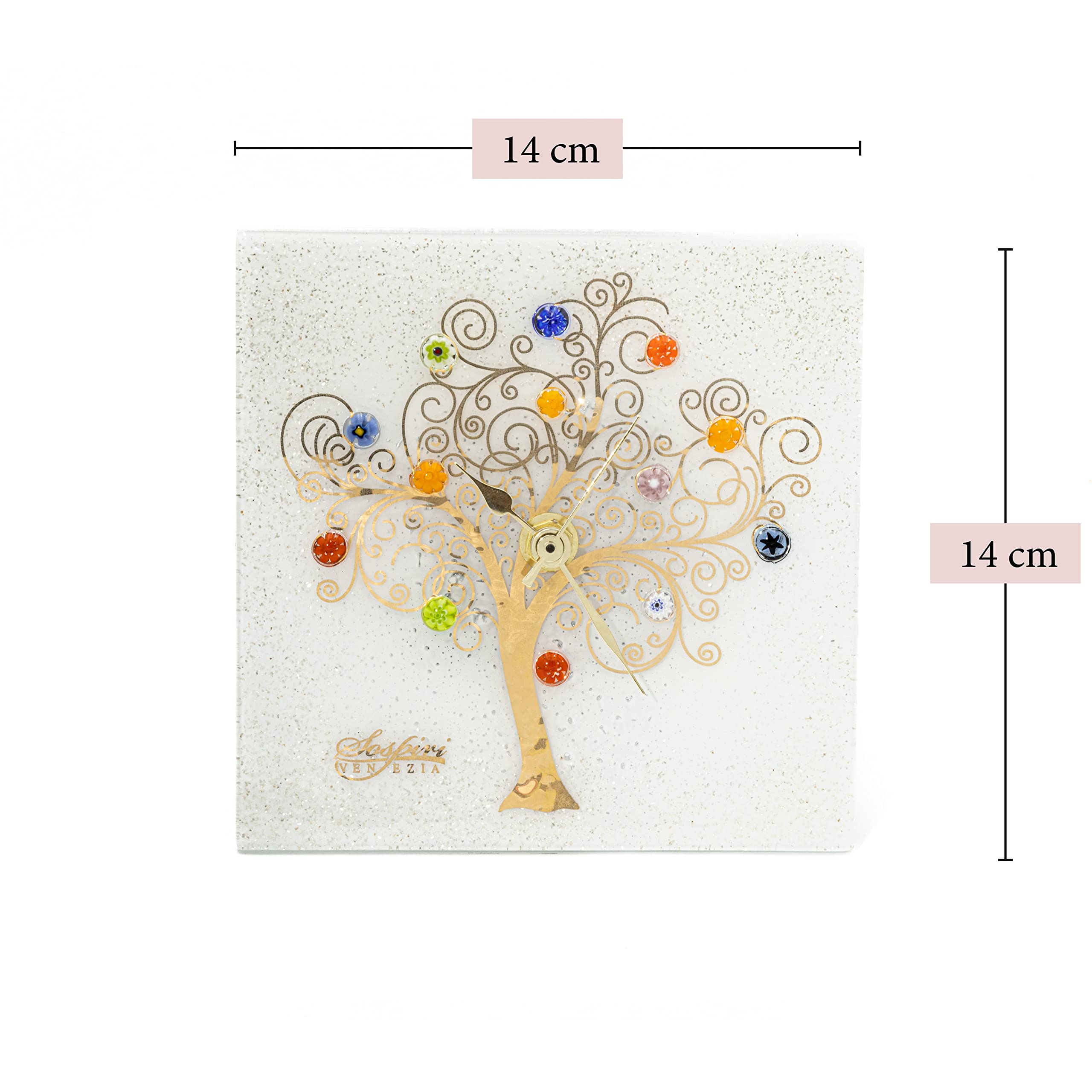 Sospiri Venezia Orologio da Tavolo Vetro Murano Meccanismo Silenzioso Decorato Murrine e Foglia Oro Idea Regalo Realizzato a Mano Made Italy (14x14 cm)