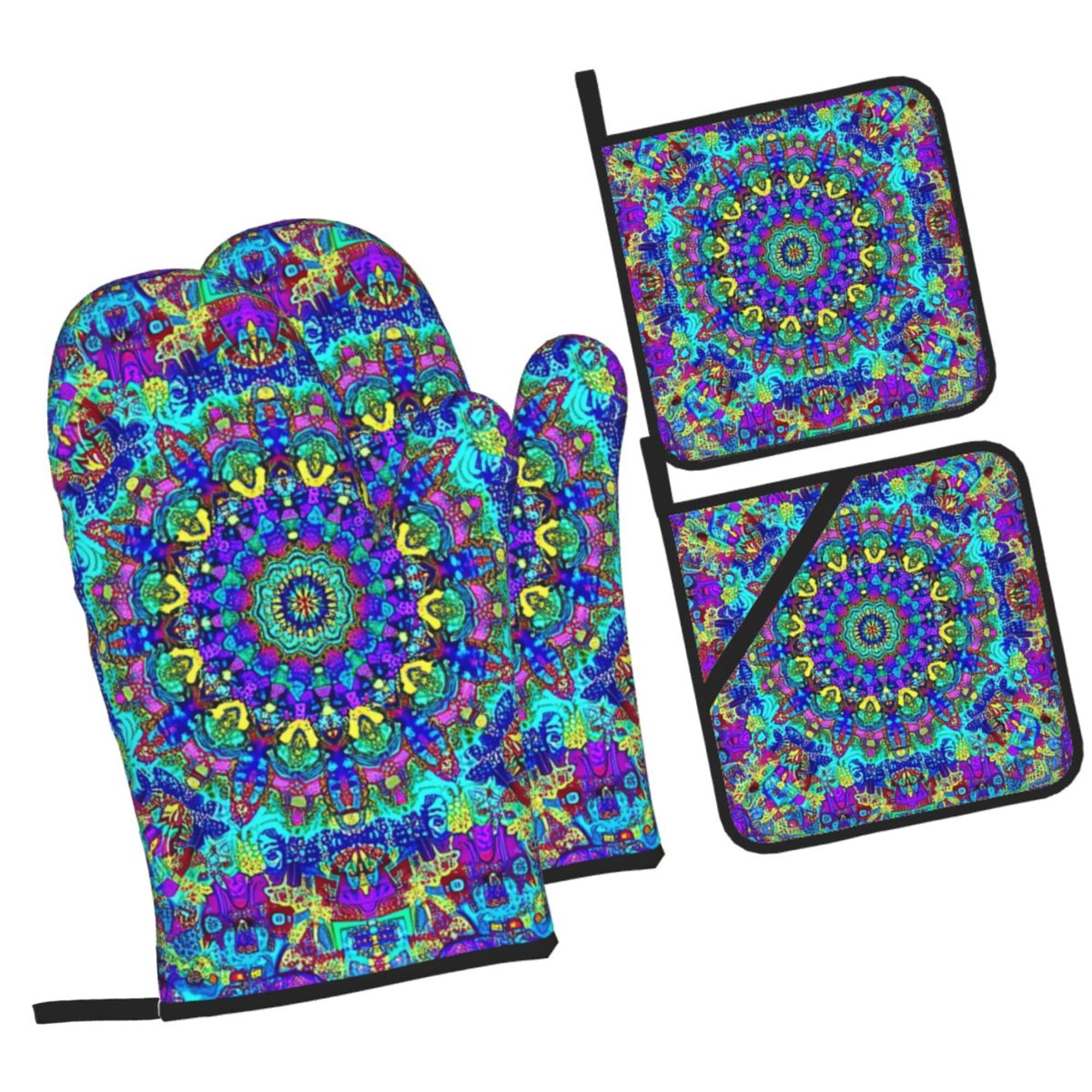 Mandala Boho Oven Mitts and Pot Holders Sets of 4, Cute Vintage Heat Resistant Oven Mitts - Non-Slip Cooking Gloves for Kitchen Baking Grilling BBQ