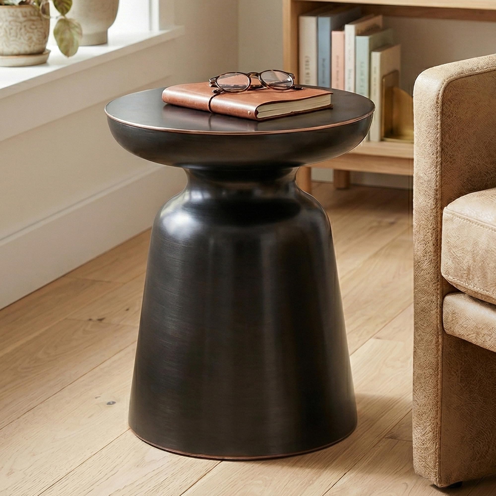 SIMPLIHOME Toby 17" Wide Drum Iron Table in Antique Copper | Industrial solid iron drum table with sculptural design; assembled side table or end table for living room or bedroom.