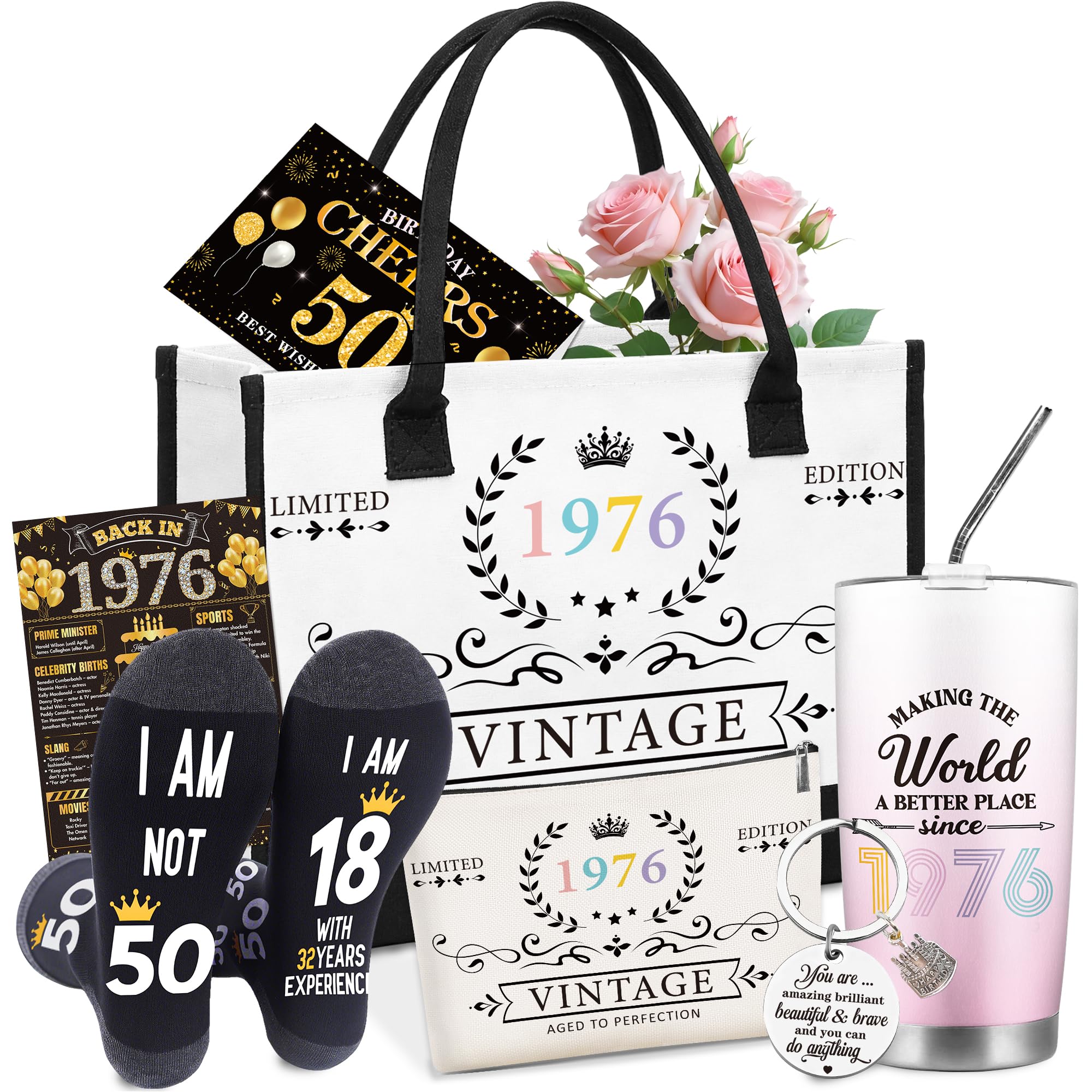 GalaVee 50th Birthday Gifts for 1976 Women, 50 Year Old Birthday Gifts, Tote Bag, Keychain, Socks, Card, and Gift Box, Mother’s Day Gift for Her Mom Sister Wife Grandma