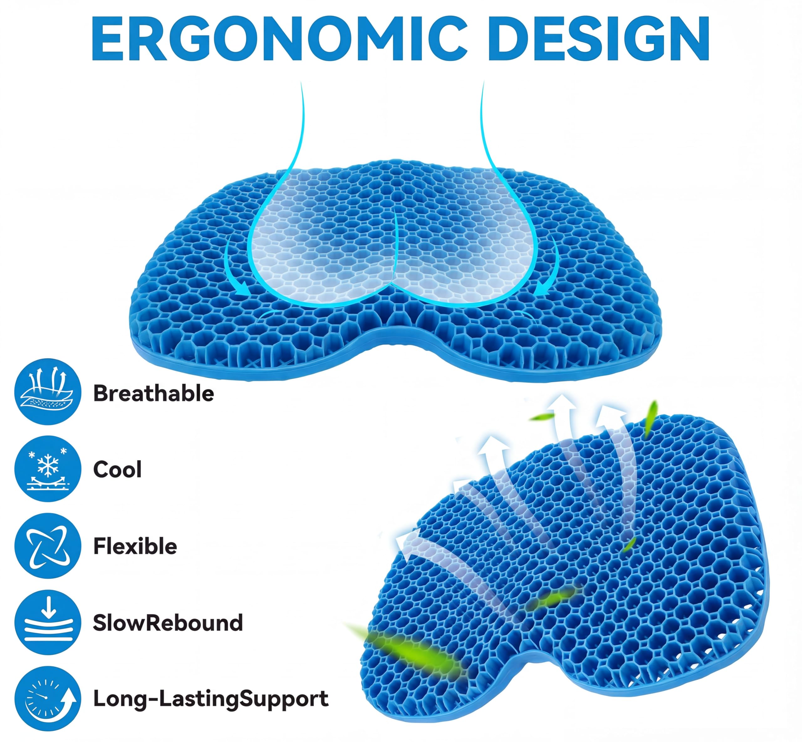 Coussin d'assise Extra Large en Gel - 48 x 38 x 5 cm - Structure en nid d'abeille pour Un Soutien Solide et Un Confort dans Les Fesses - Idéal comme Coussin de siège de Voiture Bleu