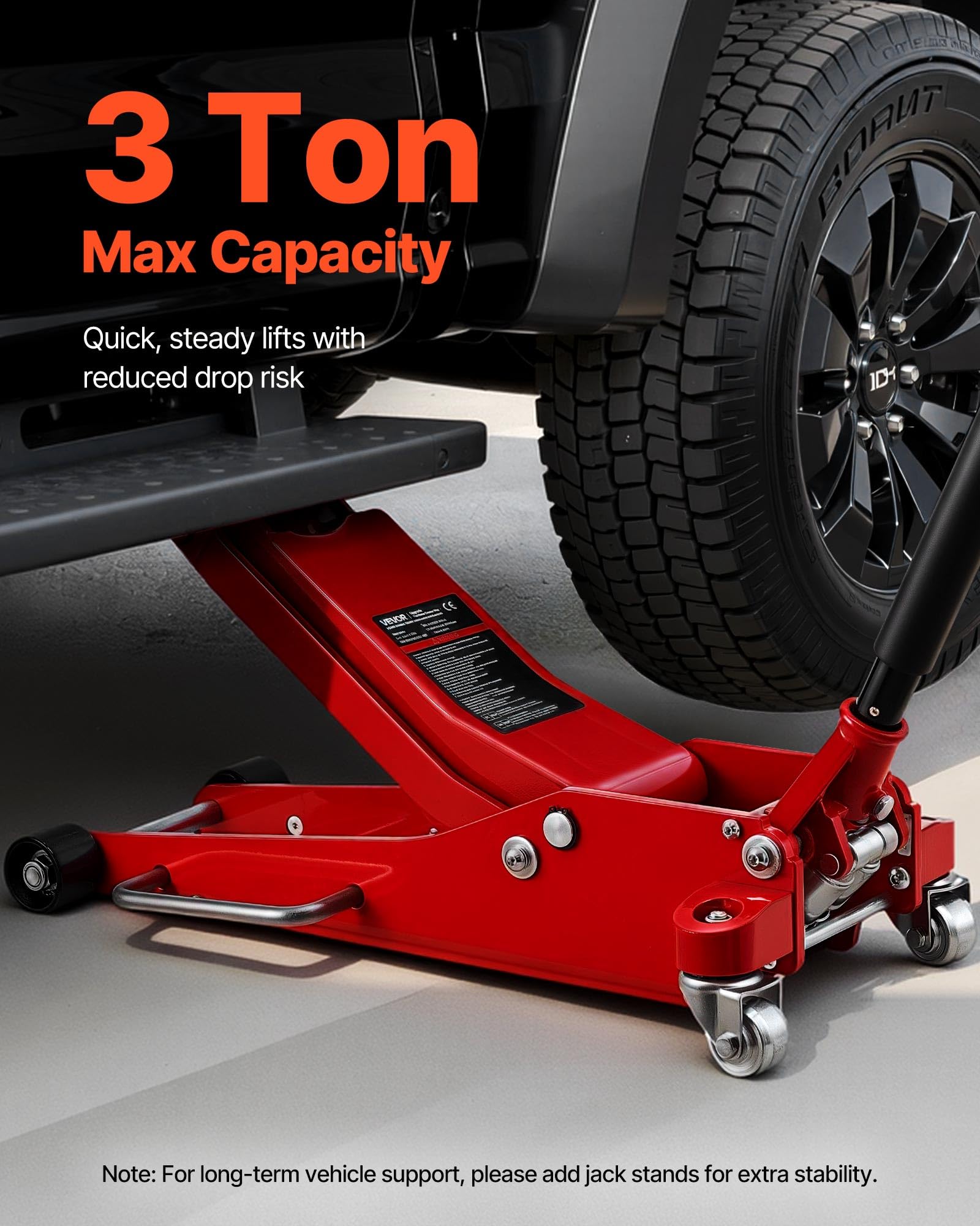 VEVOR Gato de Perfil Bajo Capacidad de 3 t, Gato Hidráulico con Bomba de Elevación Rápida de Pistón Doble, Rango de Elevación 85-515 mm, para Autos Deportivos, SUV, Camionetas, Vehículos, Rojo