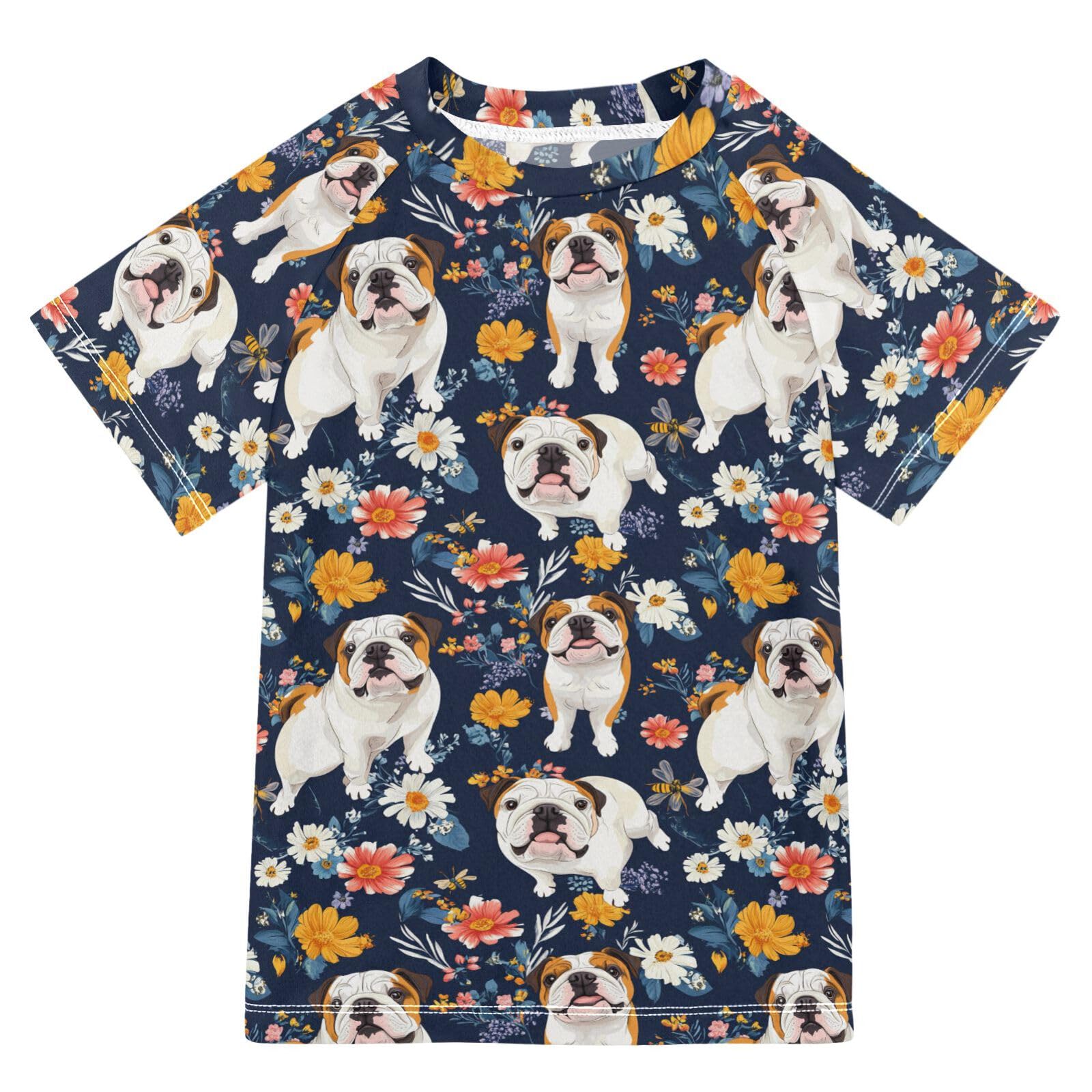 KLL Bathing Suit Girls Short Sleeve Teen Rash Guard Swimsuit 3T Funny Bulldog Dogs Navy Blue