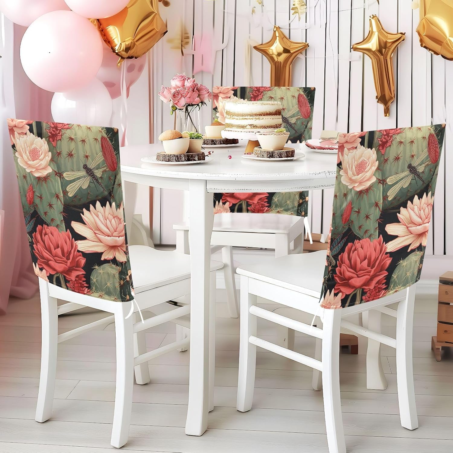 ALAZA Cactuses Dragonfly Chair Back Cover Set of 6, Washable Reusable Removable Chair Slipcovers Decorative Chair Cover for Home Kitchen Wedding Party