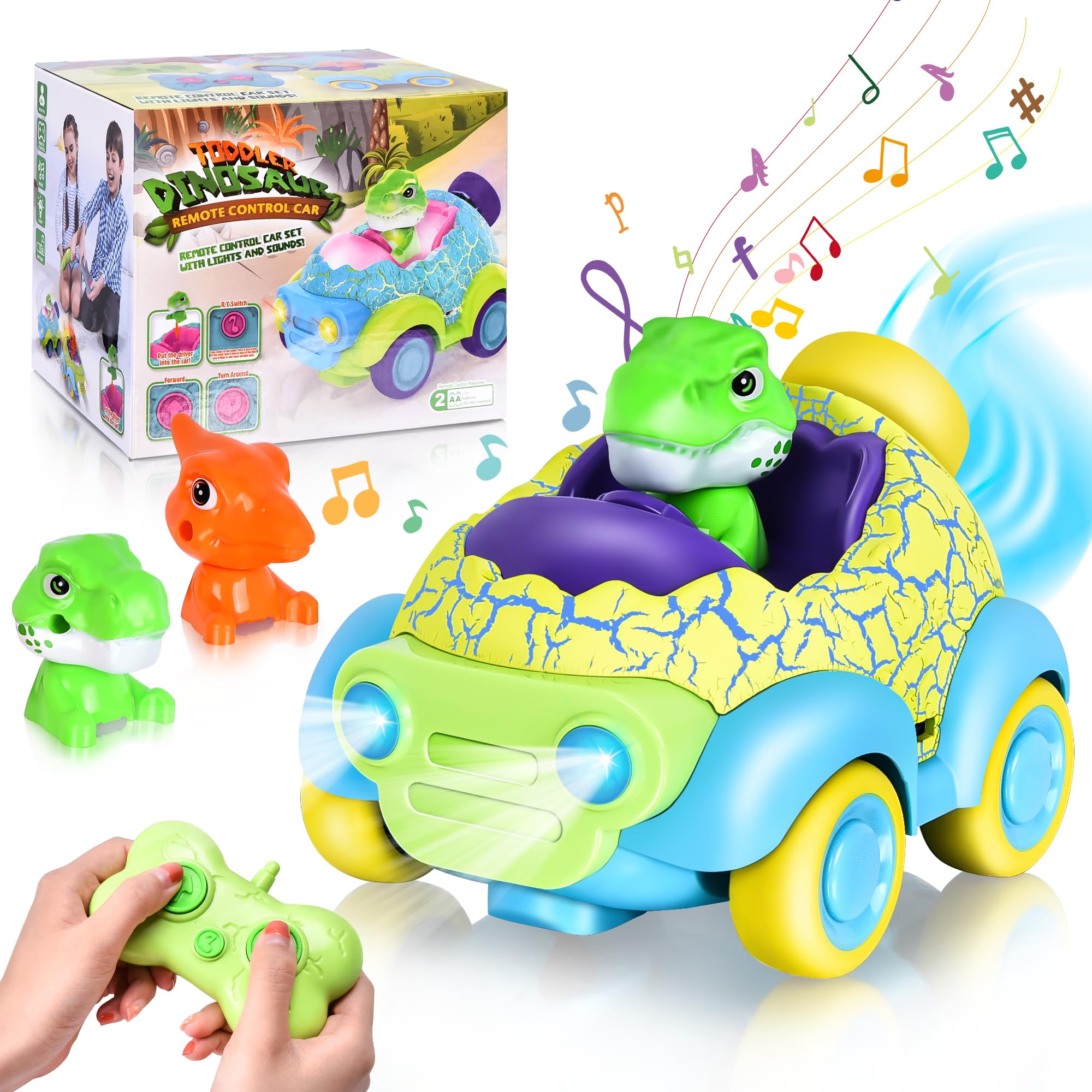 Coche Teledirigido Dinosaurio, Coche RC con Luces y Música, Dinosaurios Juguetes para Niños 2 3 4 5 6 7 8 Años, Regalo Navidad para Niños Niñas