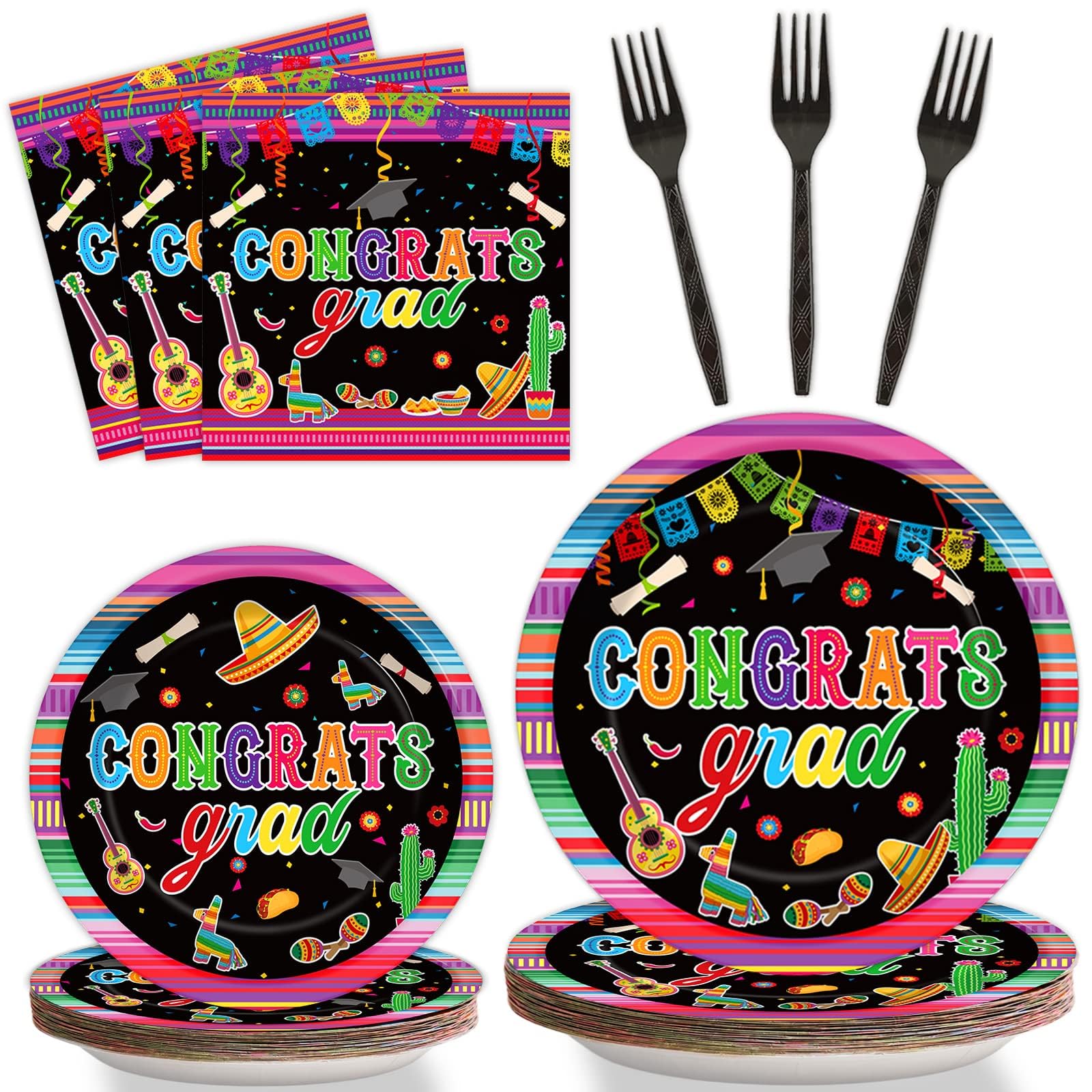 Tevxj 96PCSMexican Fiesta Graduation Tableware Set Mexico Fiesta Grad Paper Plates Mexican Fiesta Graduation Plates Napkins Forks for Mexico Fiesta Graduate Party Decorations Supplies 24 guests