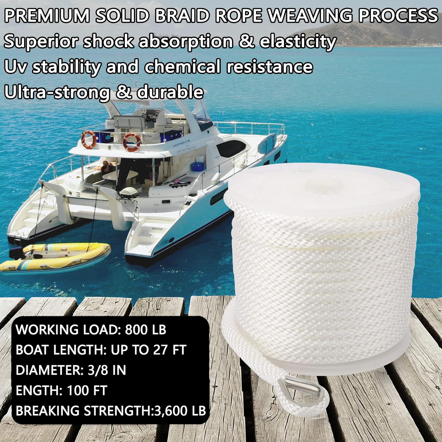Boat Anchor Rope 3/8" x 100' Premium Solid Double Braided Nylon Anchor Line,with 1/4" x 4' Stainless Steel Anchor Chain,with Thimble & Shackle (White) - Image 2