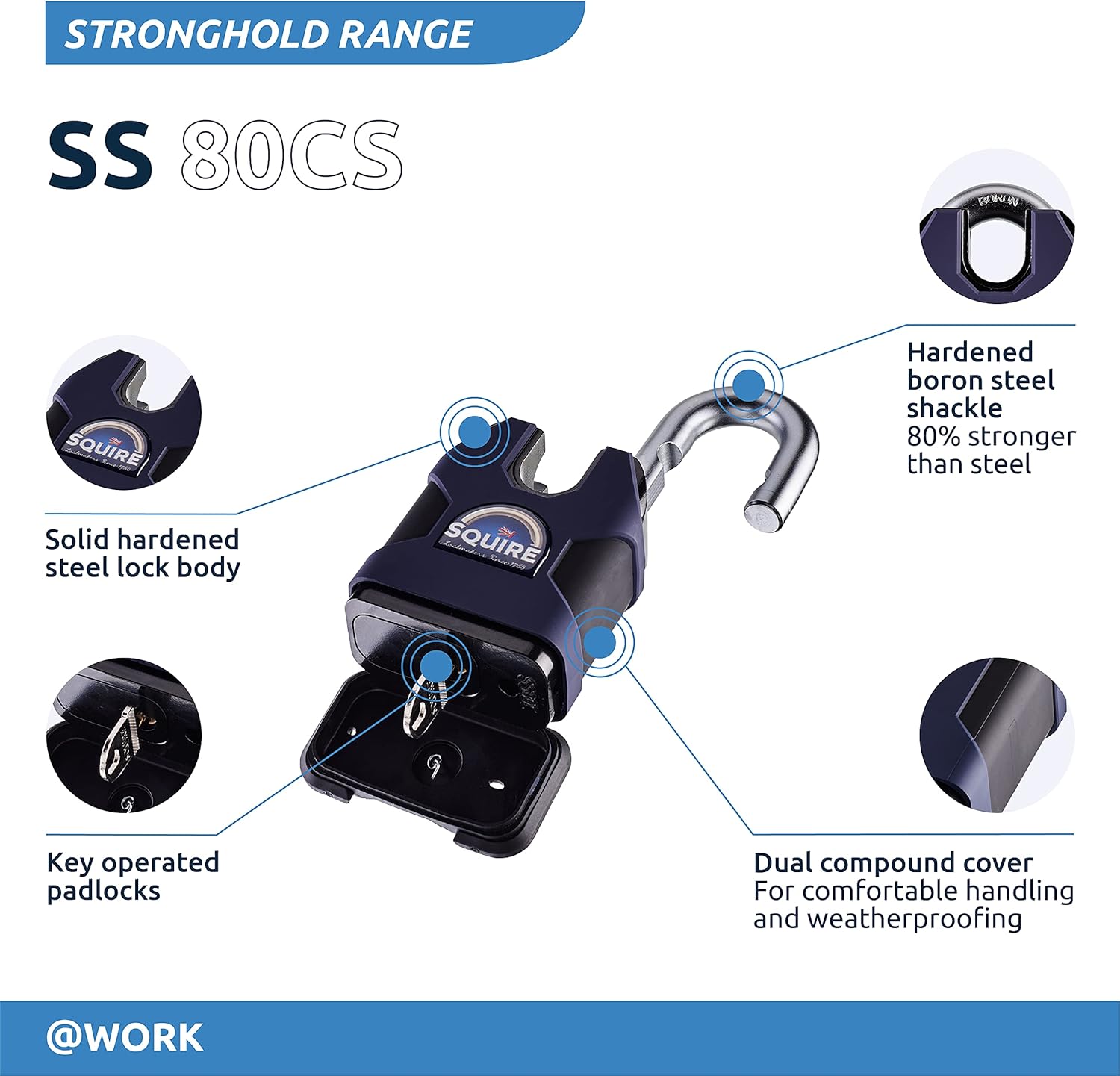 Squire SS80CS Henry Stronghold 6 Pin S Cylinder Closed Shackle Steel Padlock, 80 mm (Length), Blue