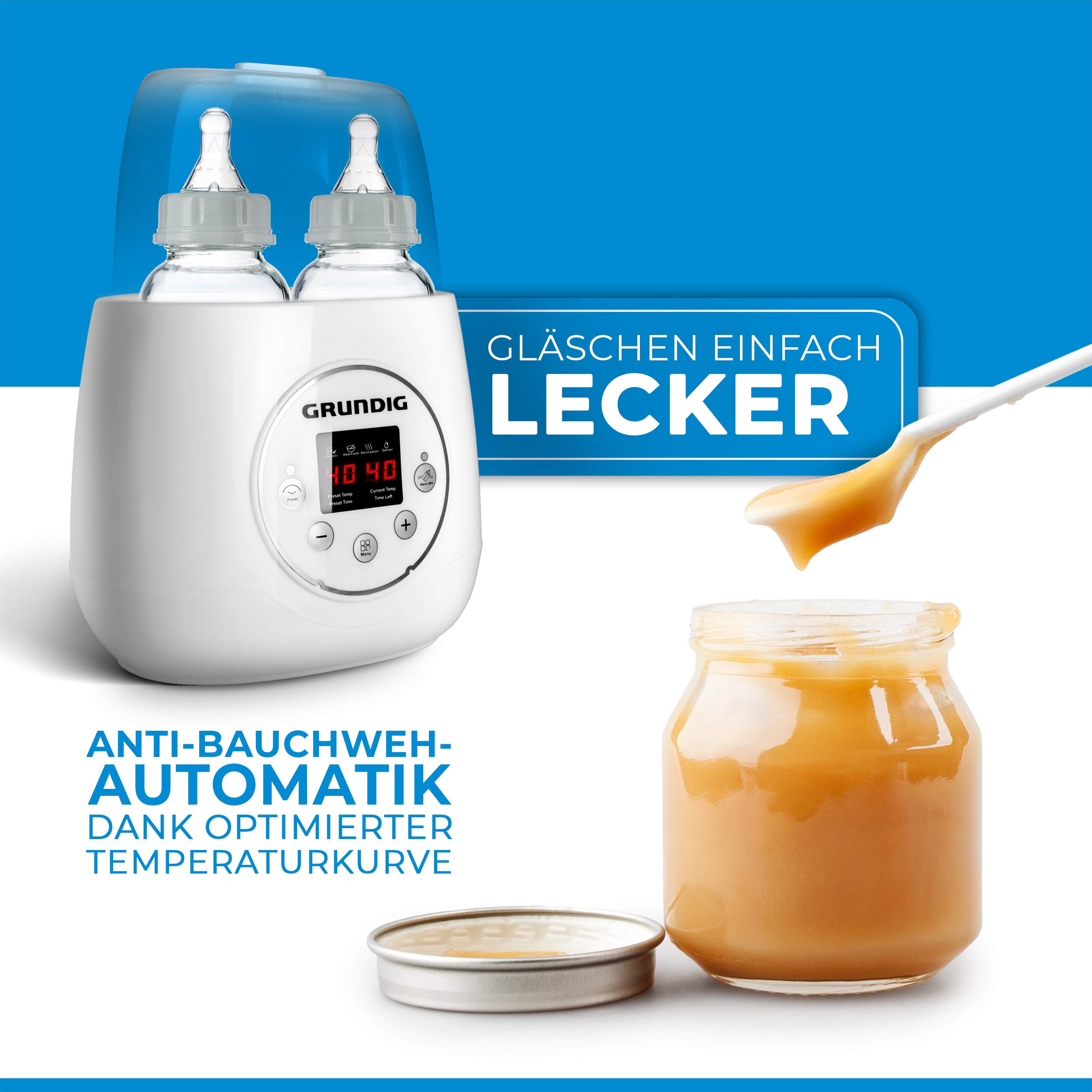 Grundig Flaschenwärmer Baby Fläschchenwärmer 3in1 - Anti Bauchweh Automatik für 2 Flaschen I Babykostwärmer mit Reise Sterilisator für Babyflaschen Gläschenwärmer Warmhalter baby bottle warmer