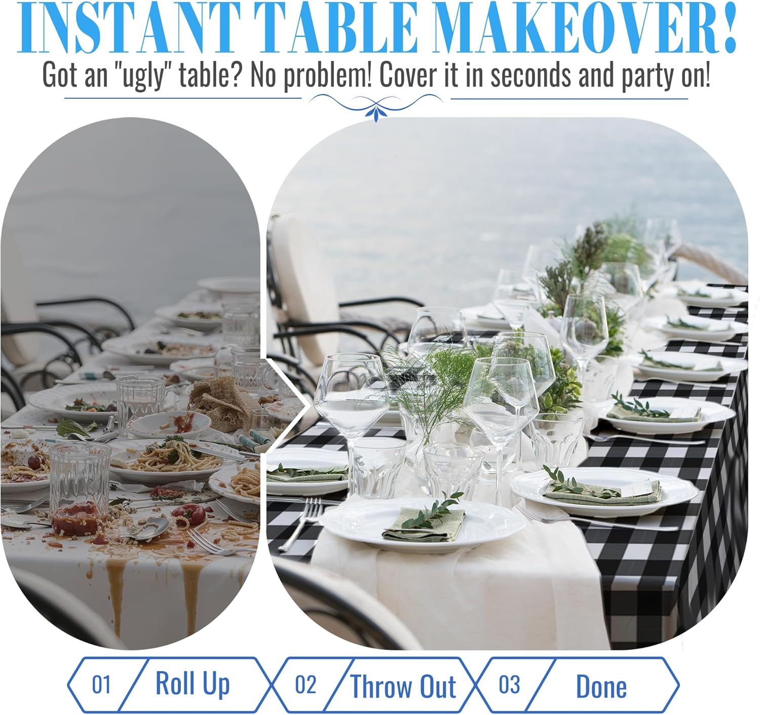 Plastic Table Cloth Disposable, 54In X 300Ft Table Cover Roll, Disposable Tablecloth with Slide Cutter for Rectangle Round Tables, Party Tablecloths for Birthday, Wedding, Picnic, Party (Black Plaid) - Image 3