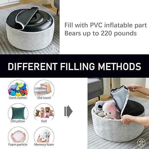 Miniatura 6 de Puf inflable otomano, 21 x 10 pulgadas, relleno otomano de chenilla con forro de PVC inflable, reposapiés con mango portátil, almohada redonda de