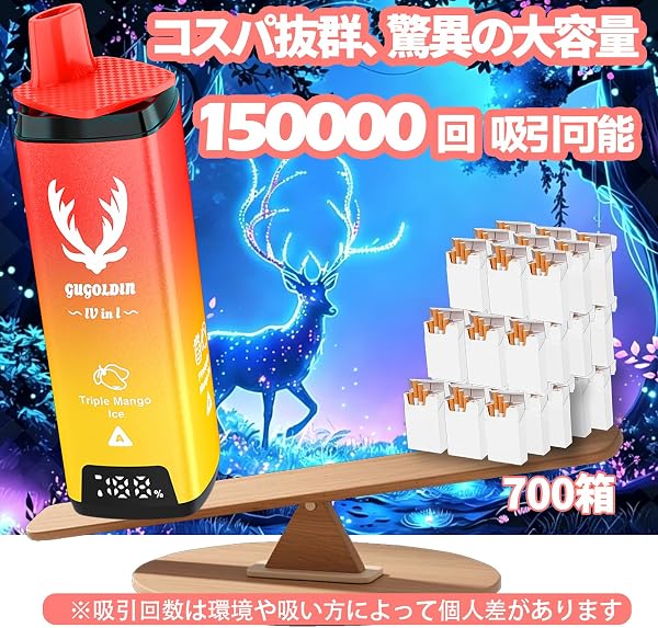 電子タバコ 使い捨て VAPE 【150000回吸引可能 1本で4つの味を切替え可能】 充電式 ベイプ フレーバー 4in1 シーシャ 持ち運び LEDディスプレイ搭載 ニコチンなし タール無し GUGOLDIN VAPE 電子タバコ 爆煙 水蒸気タバコ 禁煙パイポ 1000mAh大容量バッテリー バッテリー残量表示 リキッド残量表示 ストレス解消 気分転換 たばこ 禁煙サポート ビタミン入り(トリプル·マンゴー+パイナップル·マンゴー+ピーチ+バナナ) - 5