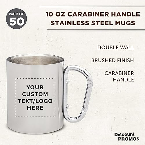 Miniatura 3 de Tazas personalizadas de acero inoxidable con asa de mosquetón, 10 onzas, juego de 50, paquete personalizado a granel, perfectas para café,