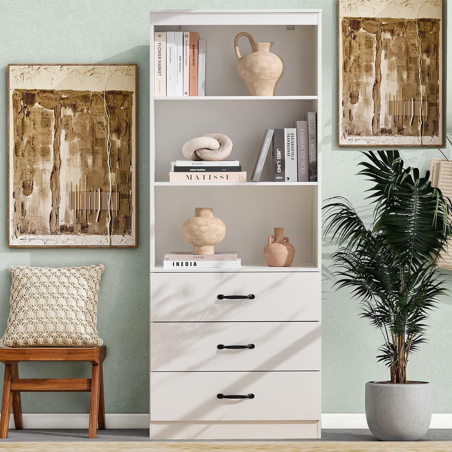 Tall Bookshelf with 3 Open Shelves and 3 Drawers, Wooden Bookcase with Storage Cabinet for Living Room, Bedroom, Home Office, White