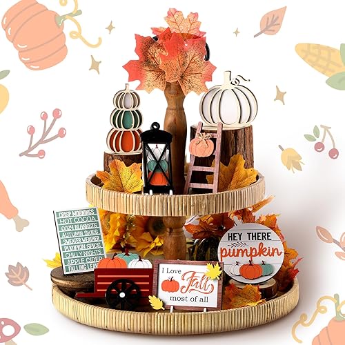 Thyle Juego de 8 bandejas escalonadas de otoño, calabazas rústicas, decoración rústica de granja, letreros de mesa de calabaza azul de madera,