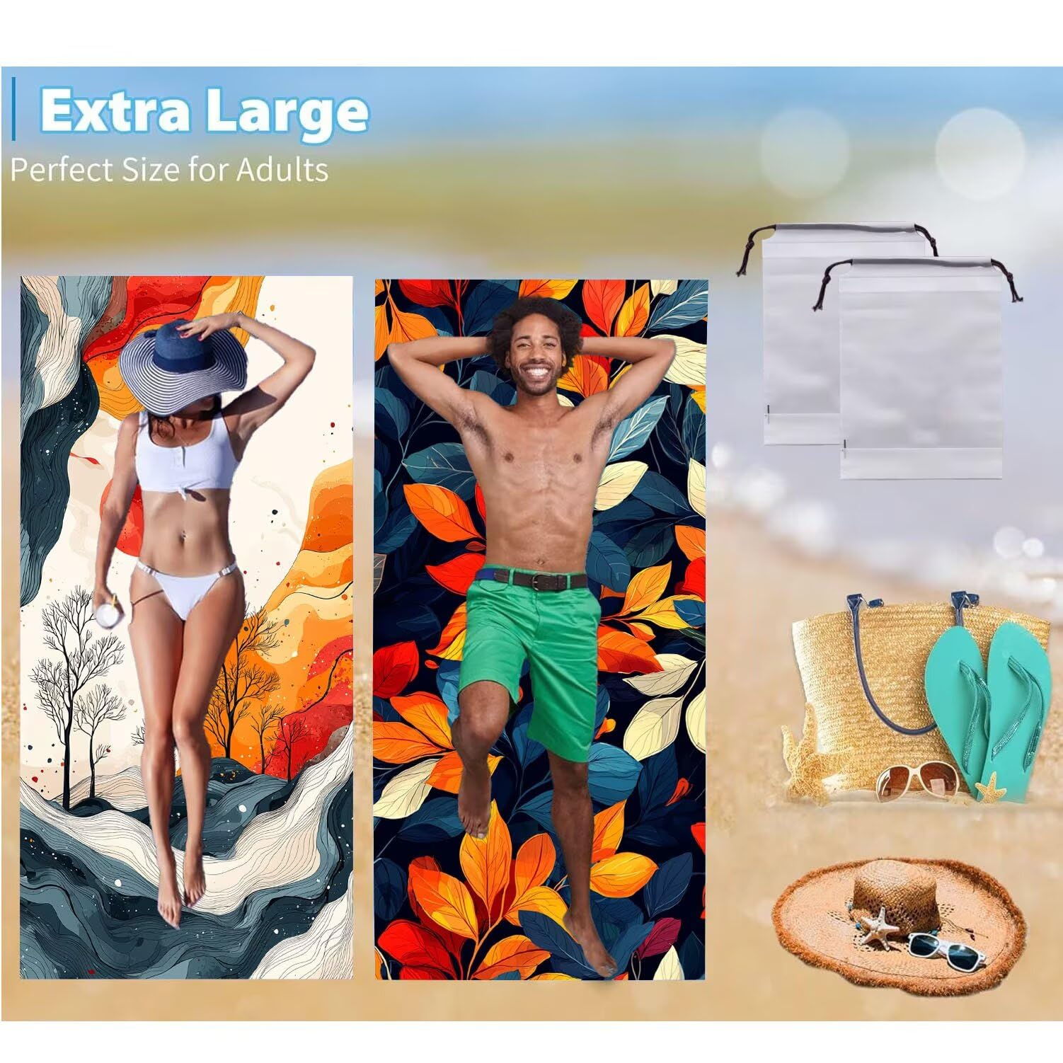 Strandtuch, Groß Strandhandtuch 100 x 200 cm 2er Set Mikrofaser Handtuch - Sandfrei Badetuch, Schnelltrocknendes Handtuch/Strandtuch xxl Saunatuch Stranddecke Zubehör (Pflanzen Blumen) V-1096
