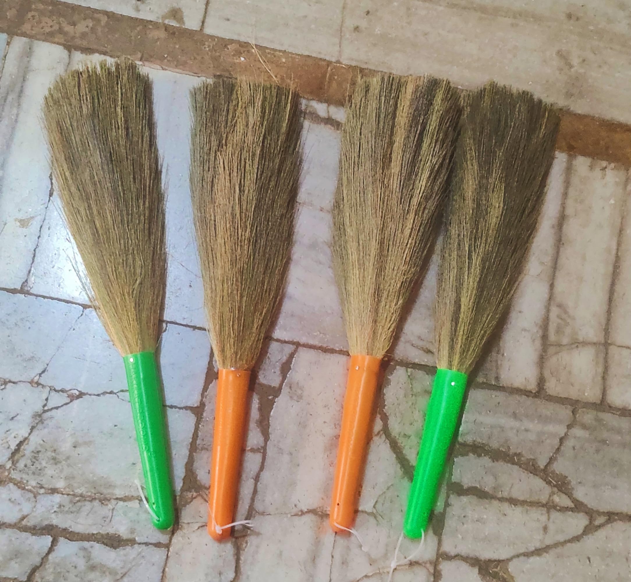 Traditional Short Grass Broom with Green and Orange Handle, Natural Cleaning Tool, 4-Pack for Home and Kitchens Tools-picture-16