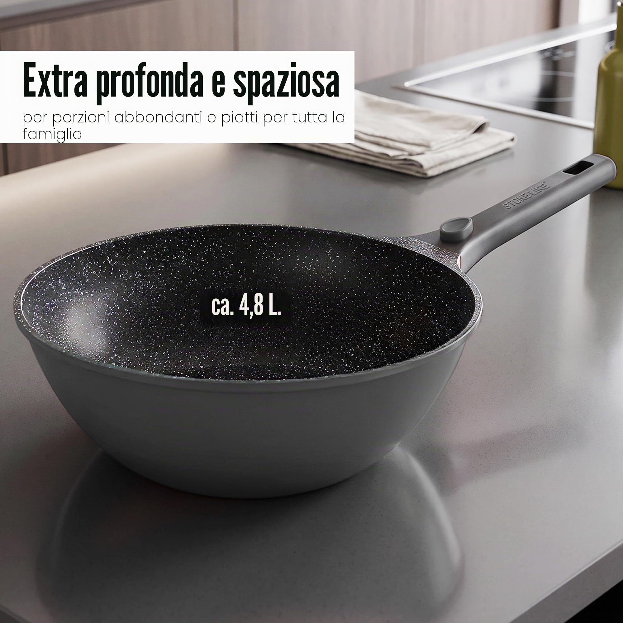 STONELINE SMART Padella Wok 30 cm, 4,8 L Padella Induzione Grande con Coperchio, Manico Removibile, Alluminio Pressofuso, Tutti Piani Cottura, Antiaderente con Vere Particelle di Pietra, Grigio