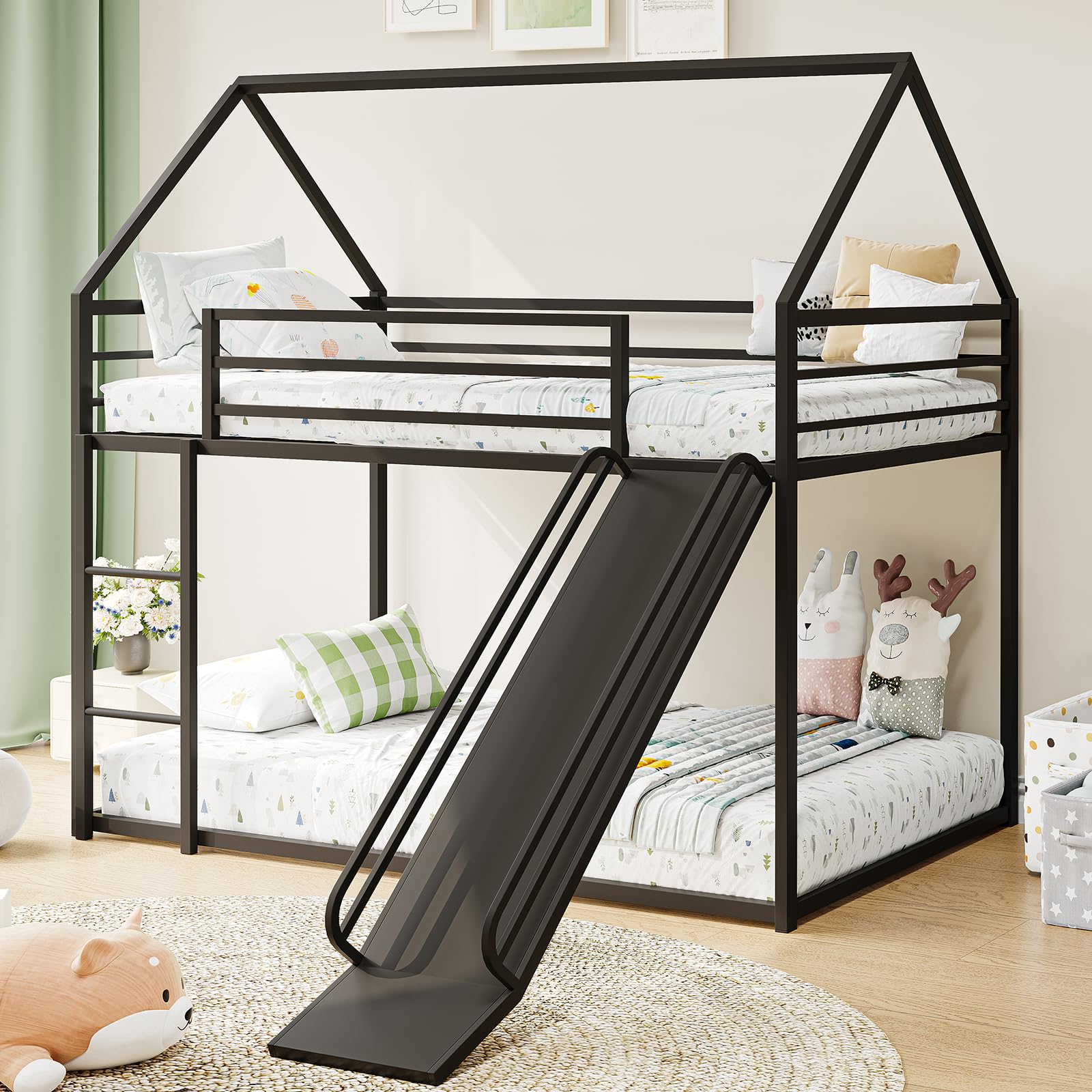 Metal Bunk Bed with Convertible Slide & House Roof Design - Twin-Over-Twin Low Frame | Full Guardrail, Montessori Style (Black)