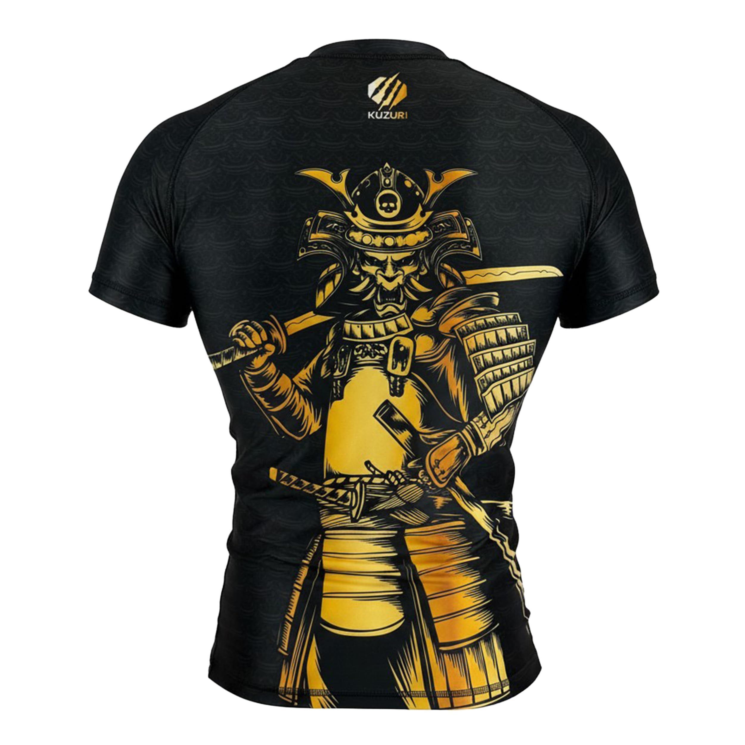 KUZURI Rashguard Herren BJJ Kurzarm – MMA Compression Shirt für No-Gi, Grappling & Kickboxen – Atmungsaktives Funktionsshirt Samurai Spirit Schwarz/Gold