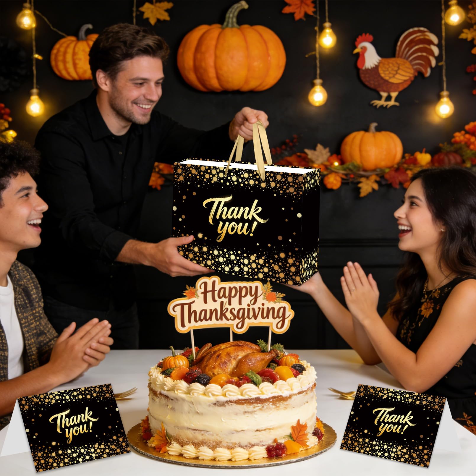 YXYASR Elegant Black Gold Thank You Gift Bag with Handles - Large Gift Bag Set Includes 3 Sheets of Gold Tissue Paper and Matching Greeting Card with Envelope - for Weddings, Graduations