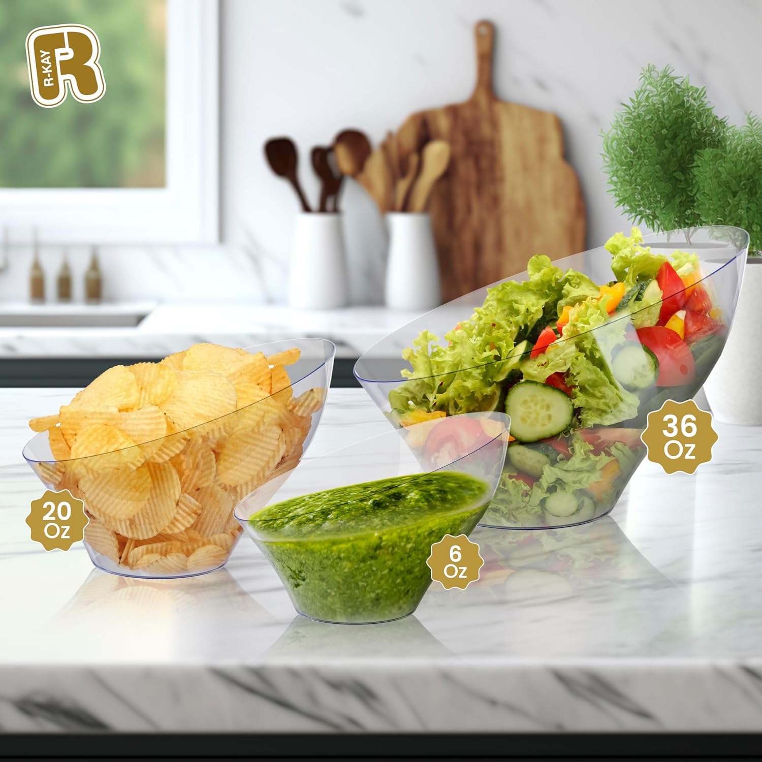 R-kay 6 Pack Angled Candy Bowls - Clear Plastic bowls 20 Oz - Premium Plastic Serving Bowls Disposable Heavy Duty For Weddings Catering, parties, And All Occasions (Clear, Medium)