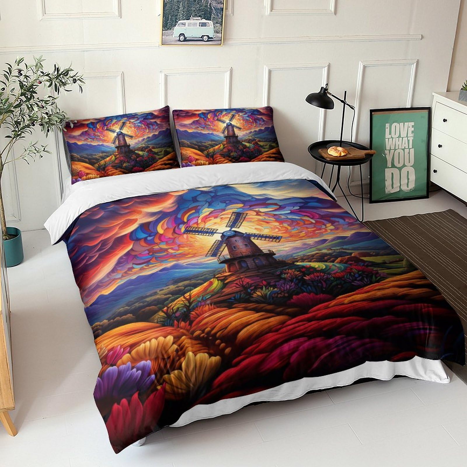 Housse de couette moulin peinture à l'huile parure de lit 3 pièces microfibre impression 3D King