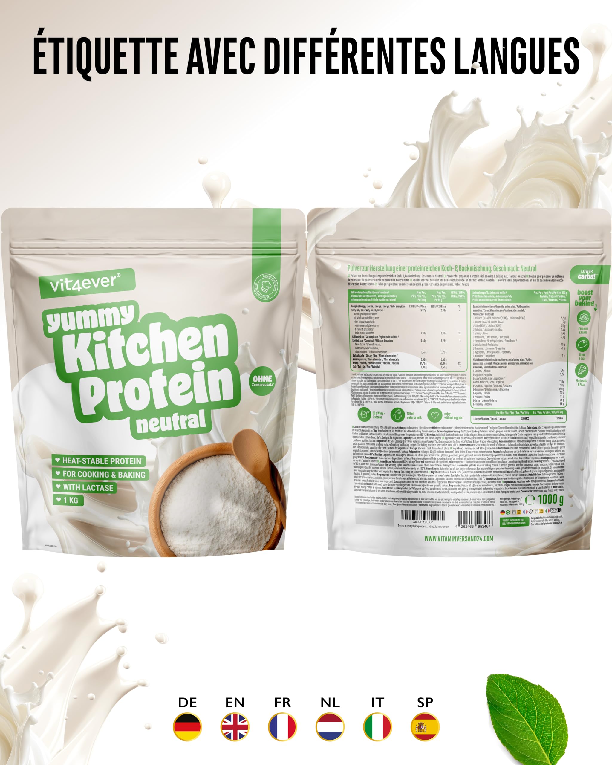 Yummy Kitchen - Protéines pour Cuisiner & Pâtisser - 1000 g de Poudre Protéinée - 82% de Protéines, Résistante à la Chaleur, avec Lactase, Low Carb, Low Sugar, Neutre, sans Gluten & sans Arômes Artif